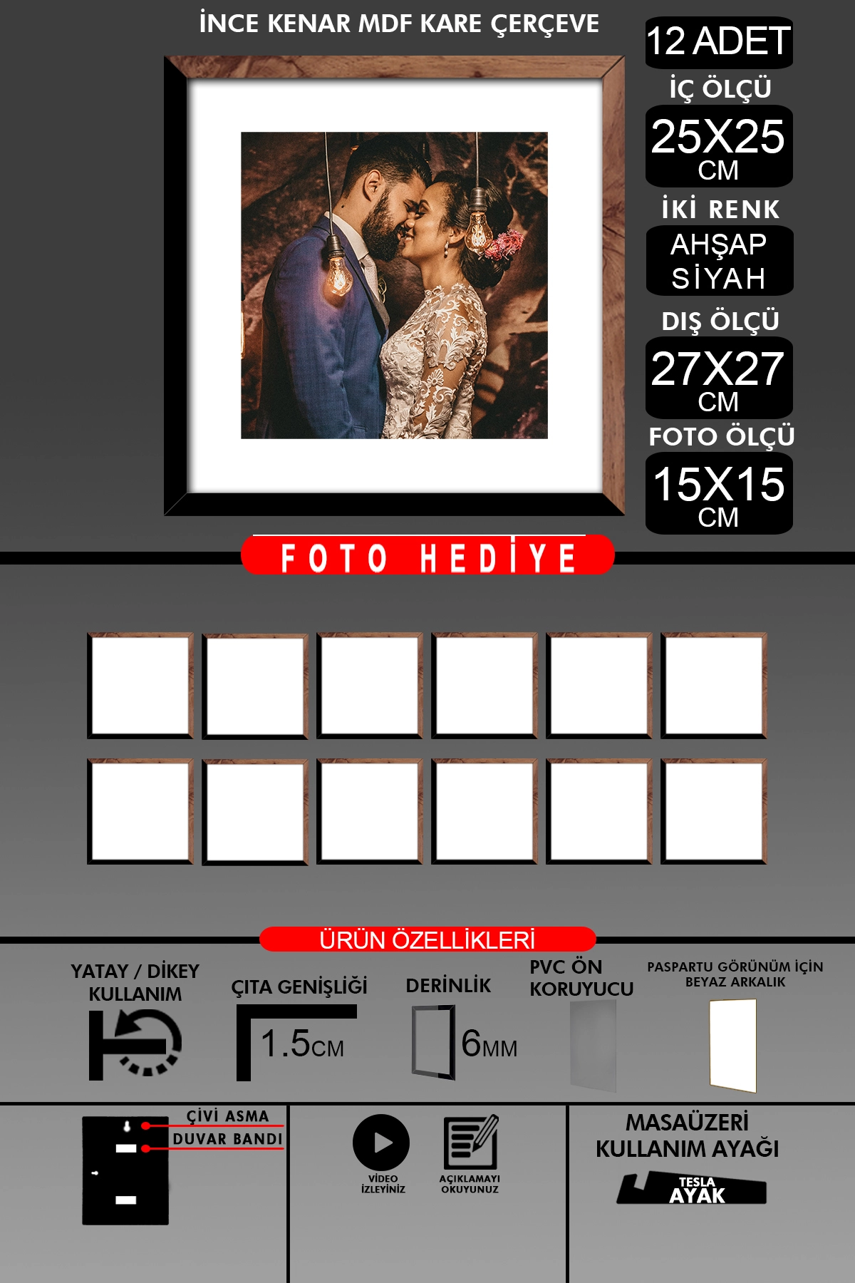 12 Adet 25x25 Çerçeve - İnce Çıtalı Çerçeve -Kare Çerçeve Fotoğraf Çerçevesi