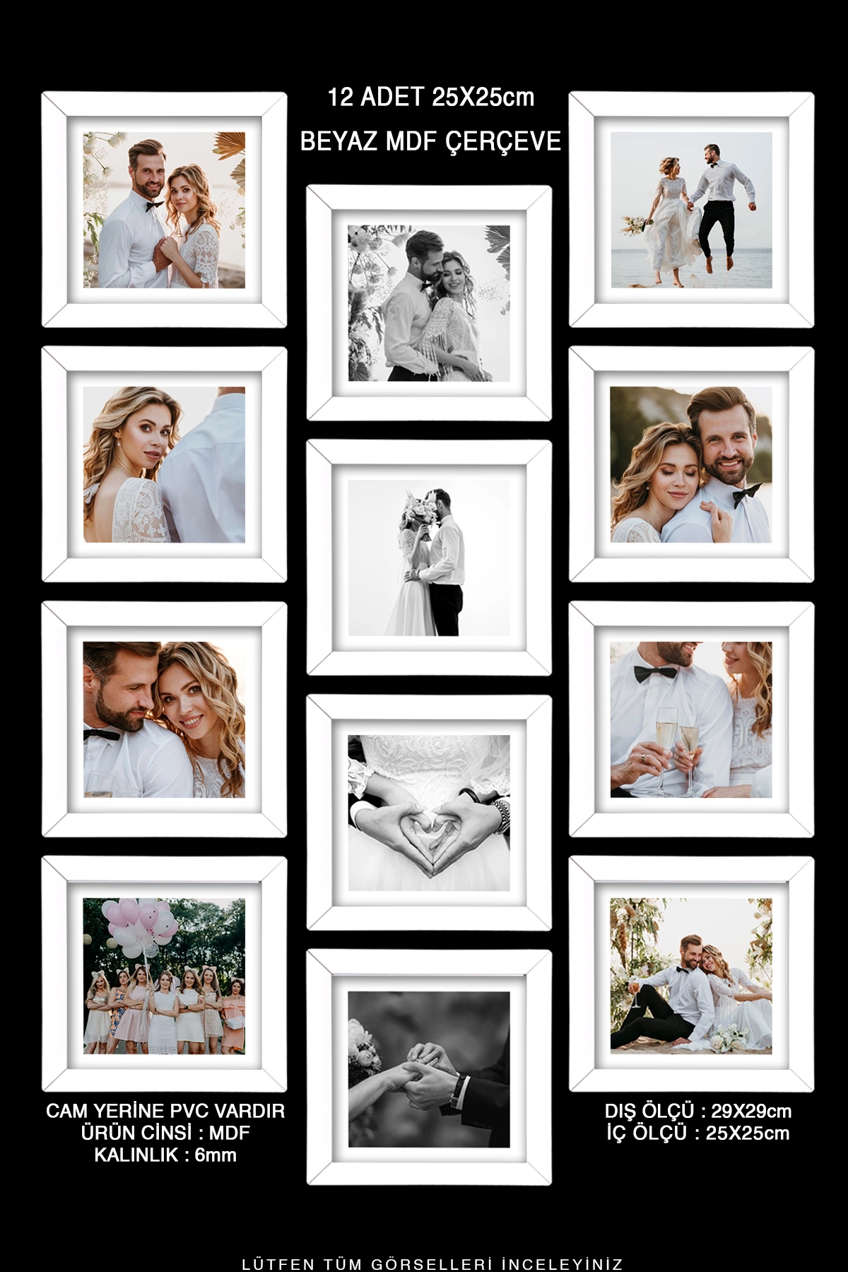 12 ADET 25x25 MDF ÇERÇEVE - KARE ÇERÇEVE Fotoğraf Çerçevesi