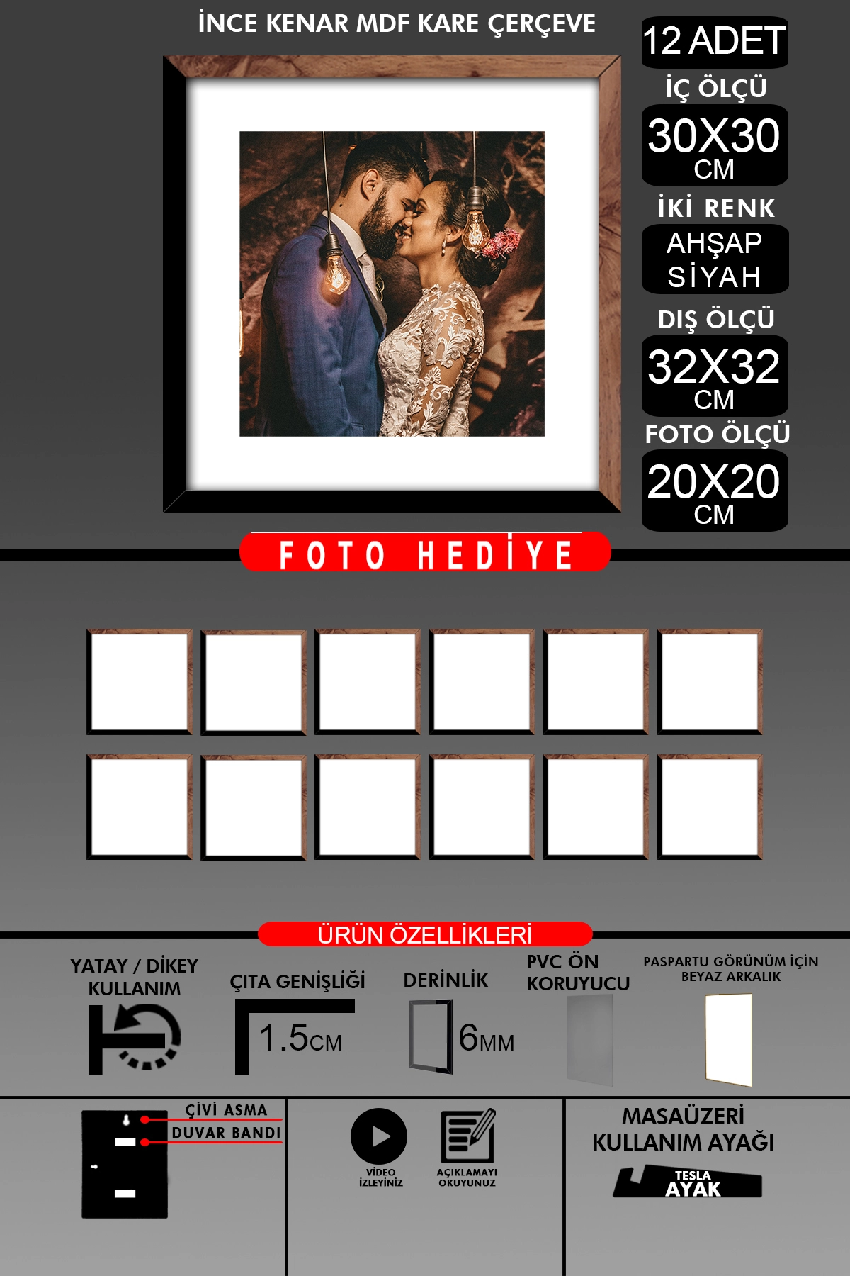 12 Adet 30x30 Çerçeve - İnce Çıtalı Çerçeve -Kare Çerçeve - Fotoğraf Çerçevesi