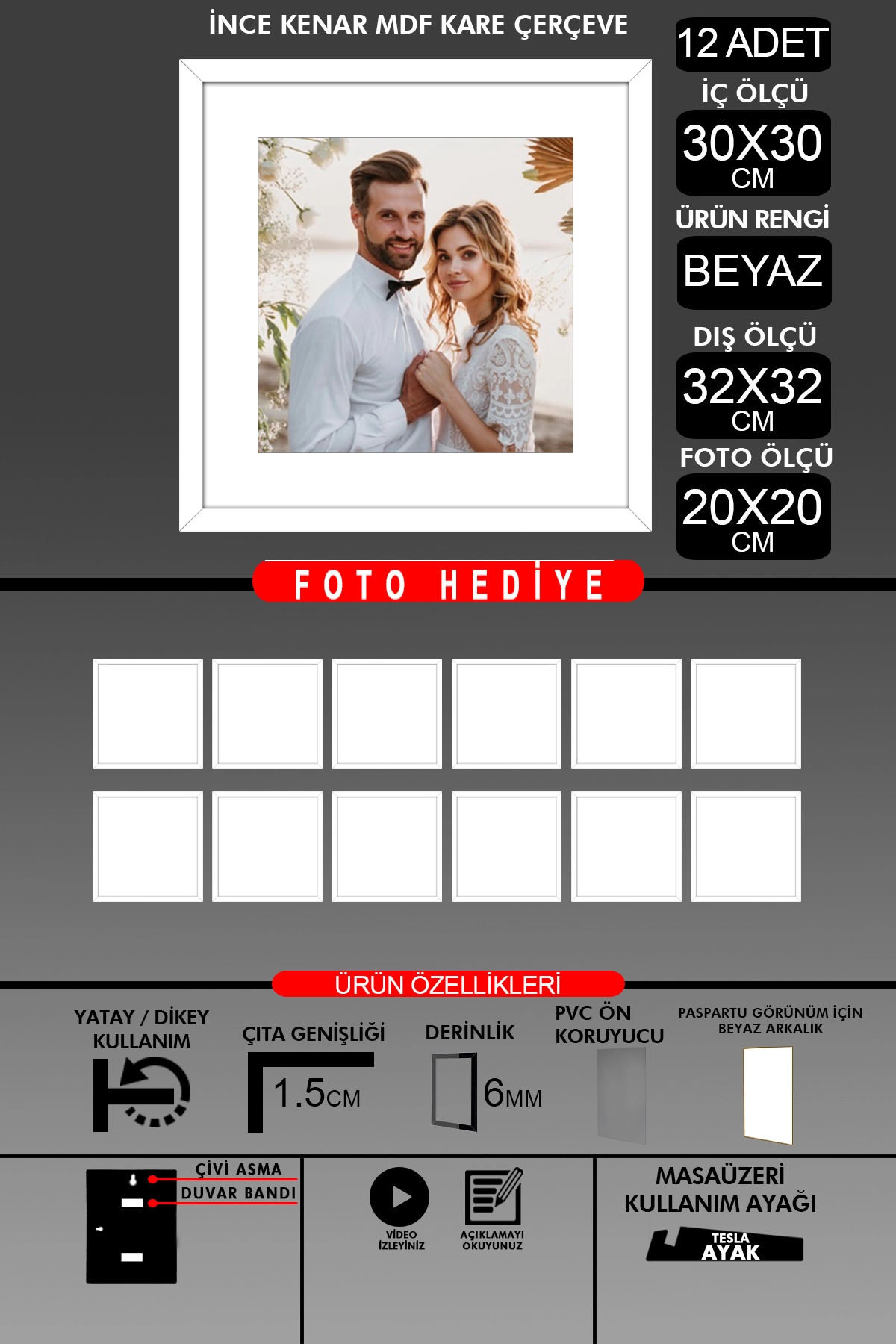 12 Adet 30x30 Çerçeve - İnce Çıtalı Çerçeve -Kare Çerçeve - Fotoğraf Çerçevesi