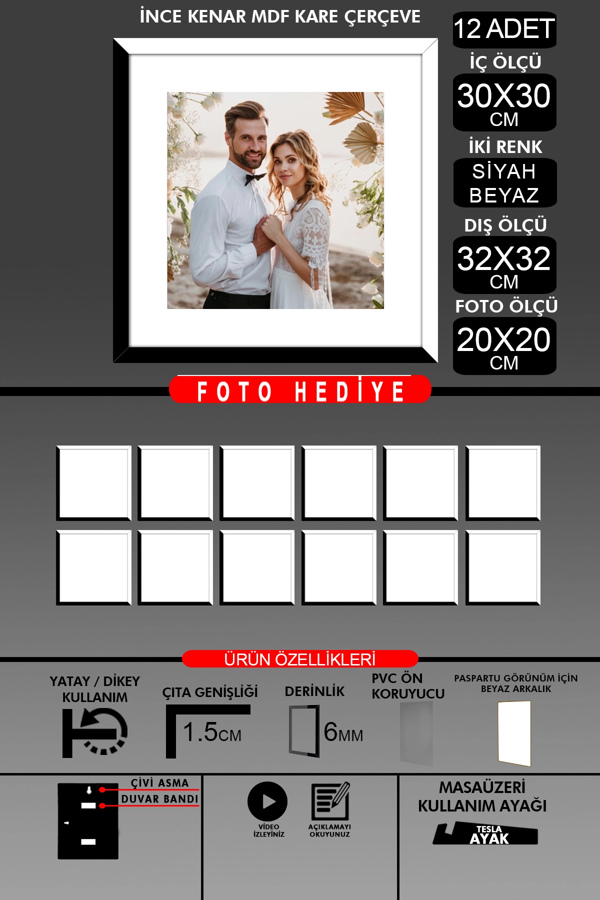 12 Adet 30x30 Çerçeve - İnce Çıtalı Çerçeve -Kare Çerçeve - Fotoğraf Çerçevesi
