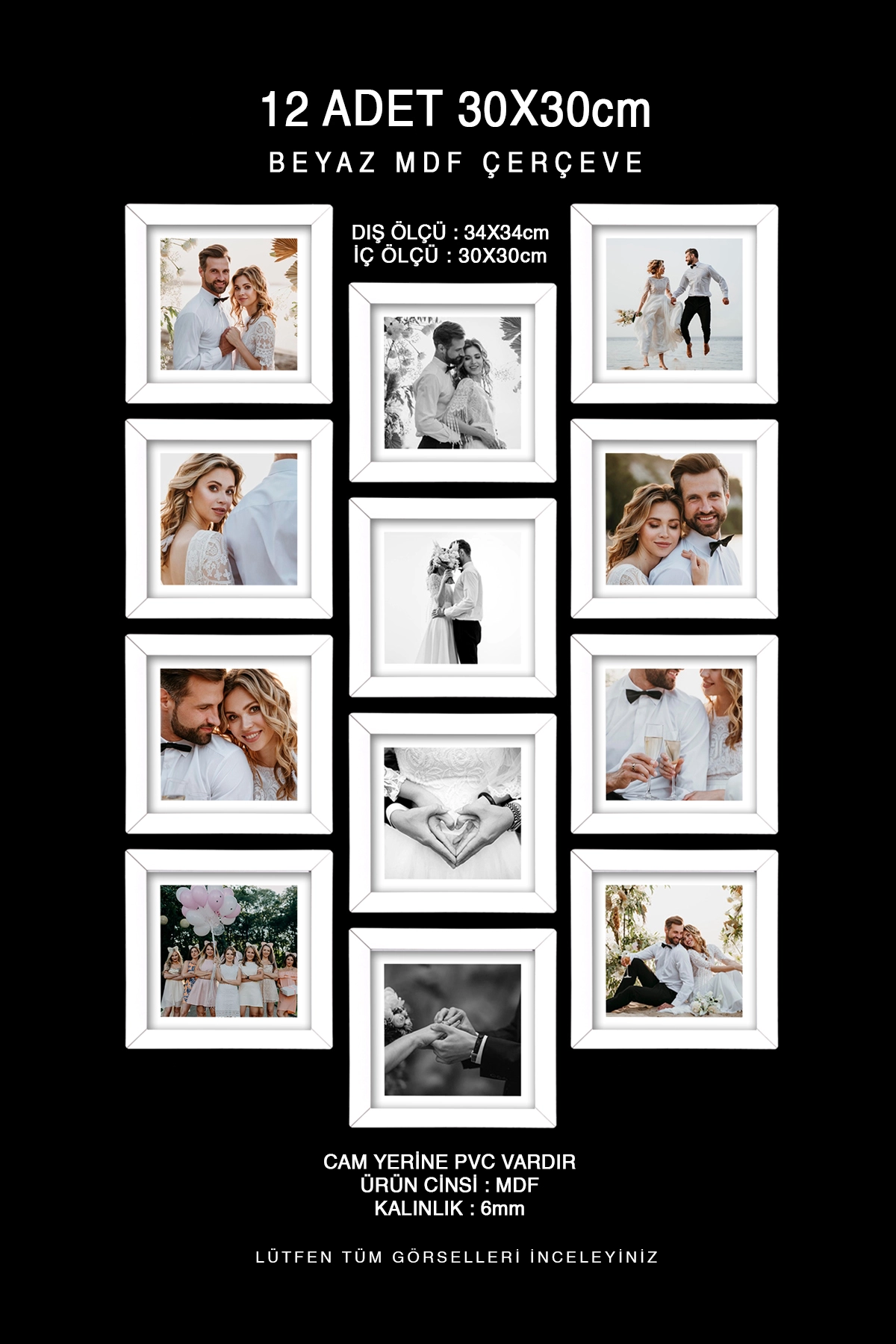 12 ADET 30x30 MDF ÇERÇEVE - KARE ÇERÇEVE Fotoğraf Çerçevesi