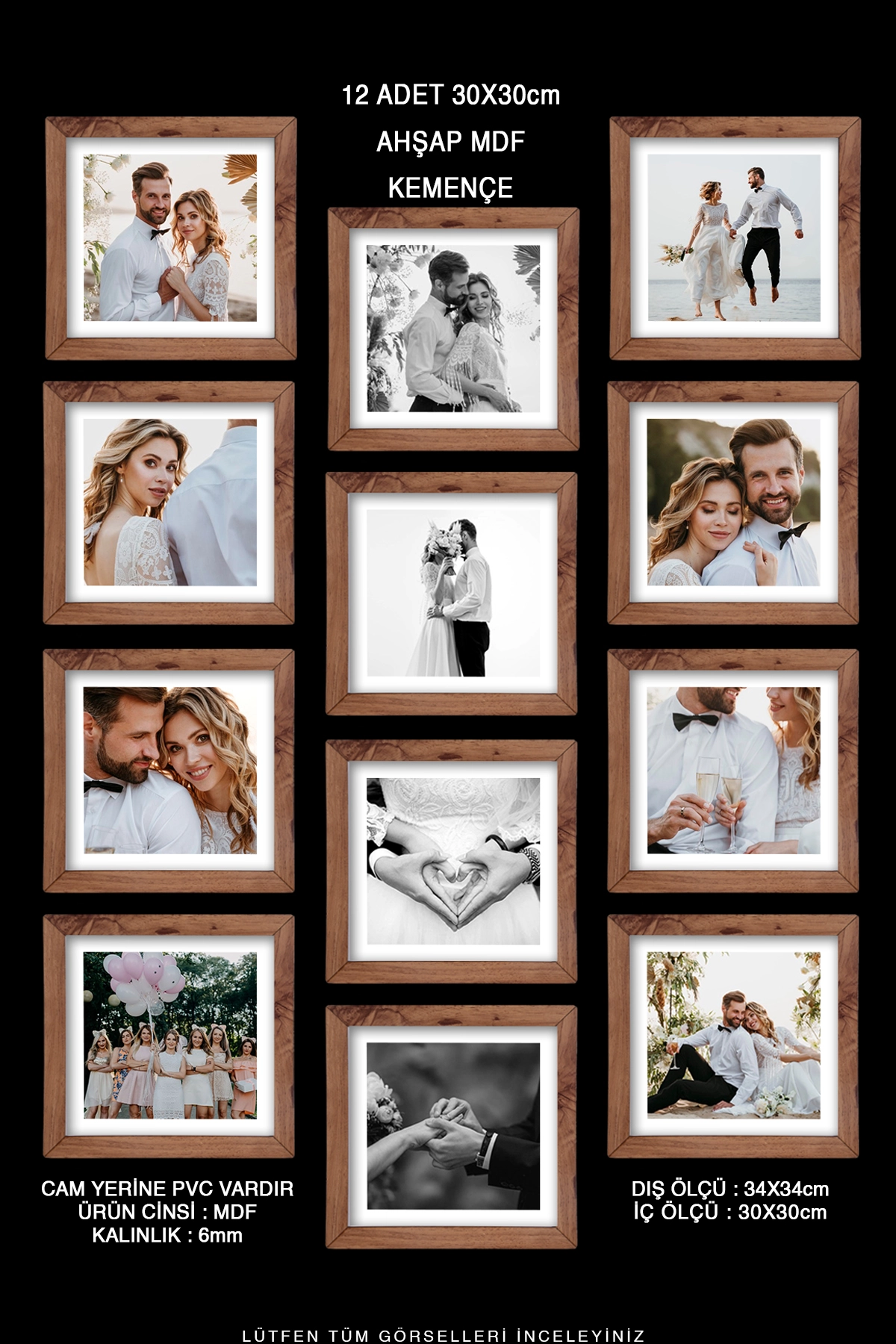 12 ADET 30x30 MDF ÇERÇEVE - KARE ÇERÇEVE Fotoğraf Çerçevesi