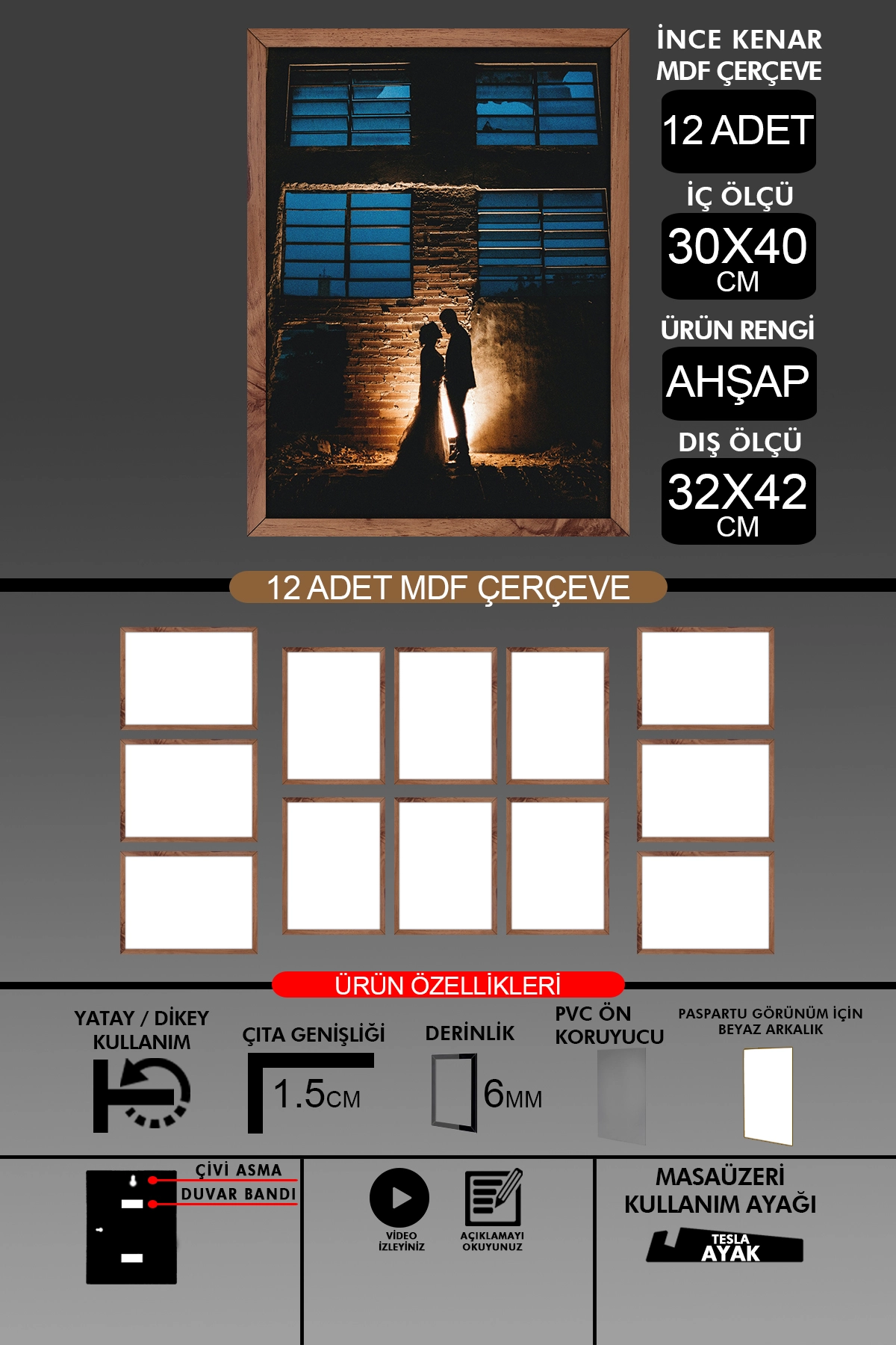 12 Adet 30x40 Çerçeve - İnce Çıtalı A3 Çerçeve - 6mm Fotoğraf Çerçevesi
