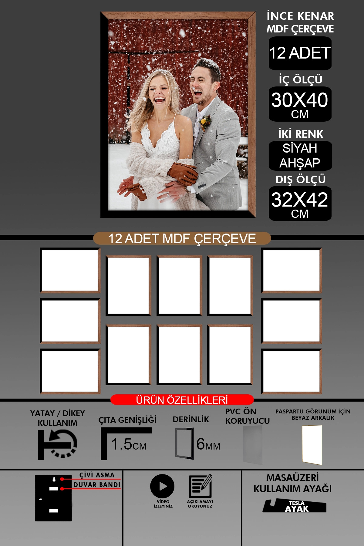 12 Adet 30x40 Çerçeve - İnce Çıtalı A3 Çerçeve - 6mm Fotoğraf Çerçevesi