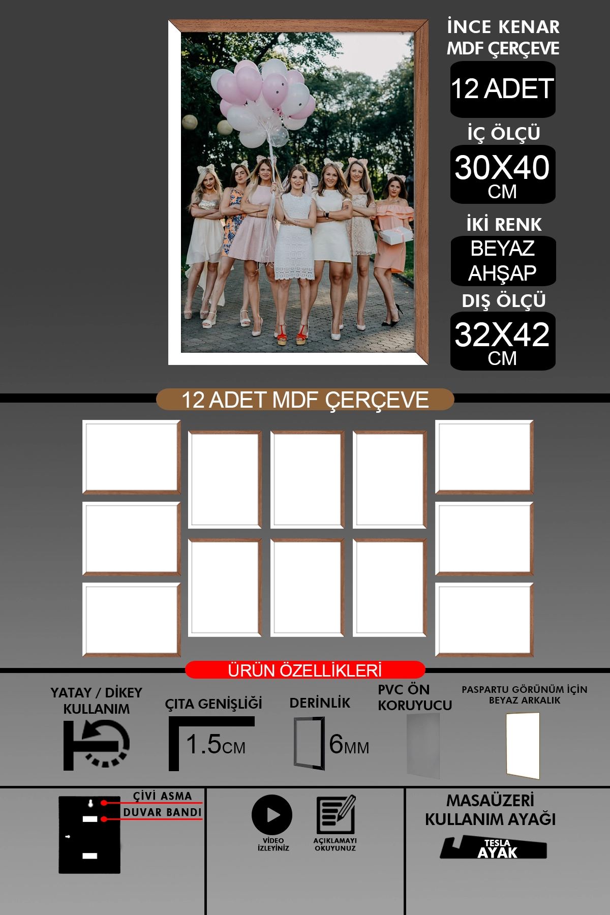 12 Adet 30x40 Çerçeve - İnce Çıtalı A3 Çerçeve - 6mm Fotoğraf Çerçevesi