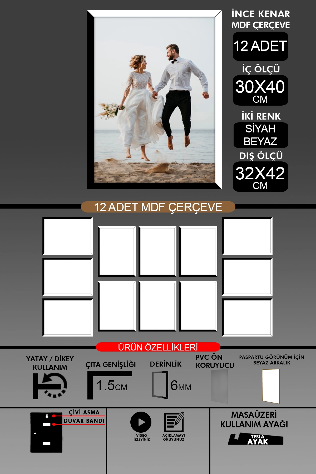 12 Adet 30x40 Çerçeve - İnce Çıtalı A3 Çerçeve - 6mm Fotoğraf Çerçevesi
