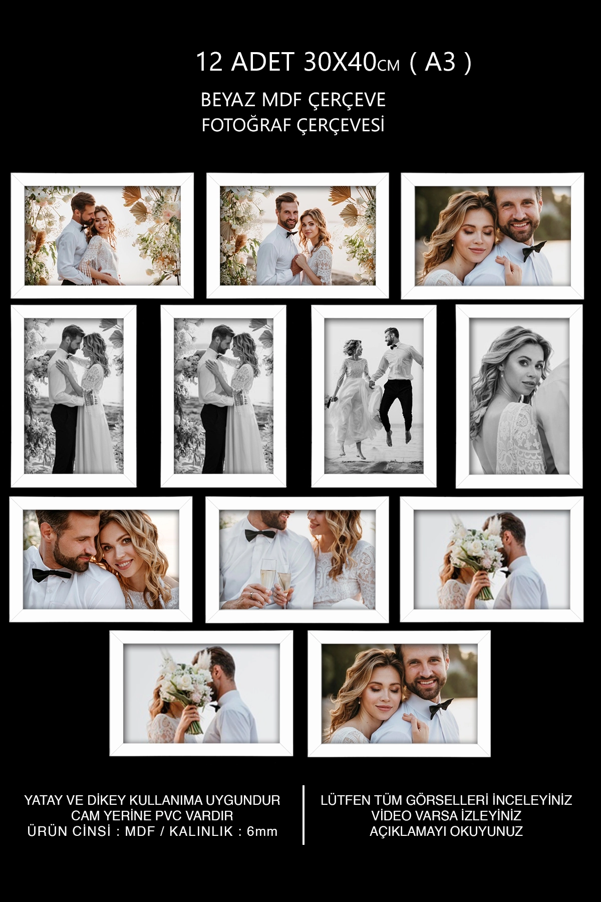 12 ADET 30x40 MDF ÇERÇEVE - DİKDÖRTGEN ÇERÇEVE Fotoğraf Çerçevesi