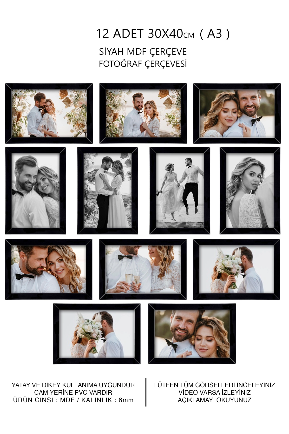 12 ADET 30x40 MDF ÇERÇEVE - DİKDÖRTGEN ÇERÇEVE Fotoğraf Çerçevesi