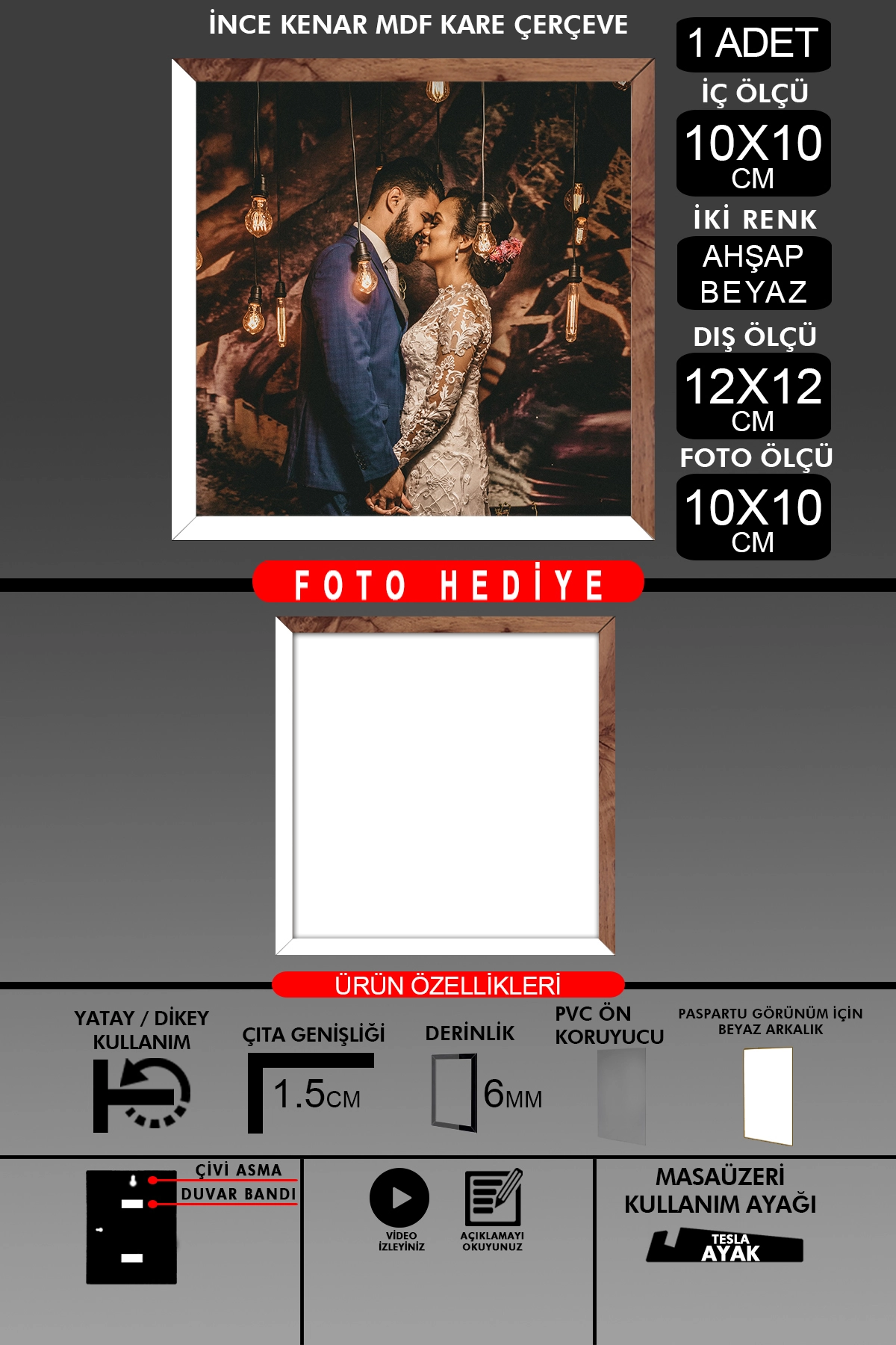 1 Adet 10X10 Çerçeve - İnce Çıtalı Çerçeve - Kare Çerçeve - Fotoğraf Çerçevesi