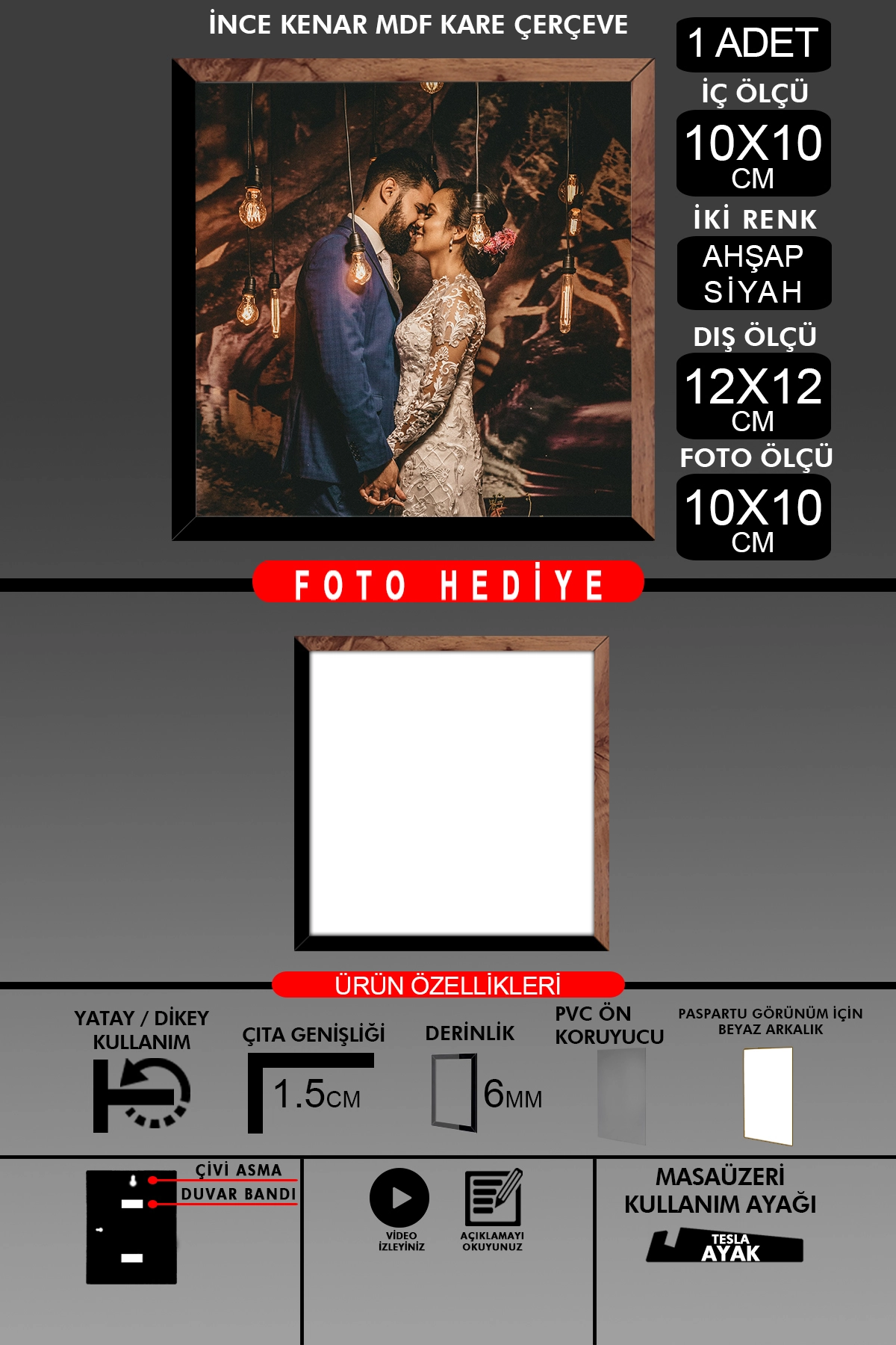1 Adet 10X10 Çerçeve - İnce Çıtalı Çerçeve - Kare Çerçeve - Fotoğraf Çerçevesi