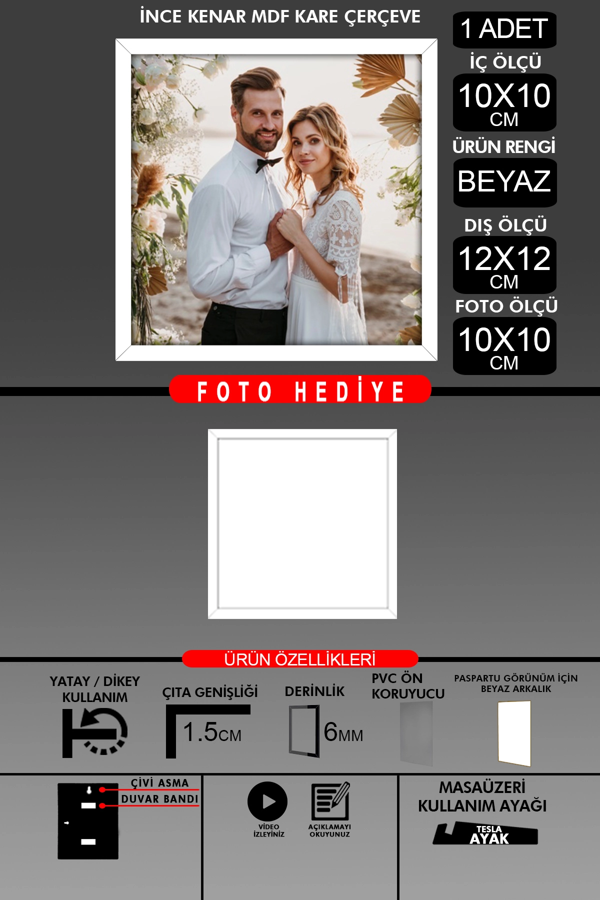 1 Adet 10X10 Çerçeve - İnce Çıtalı Çerçeve - Kare Çerçeve - Fotoğraf Çerçevesi