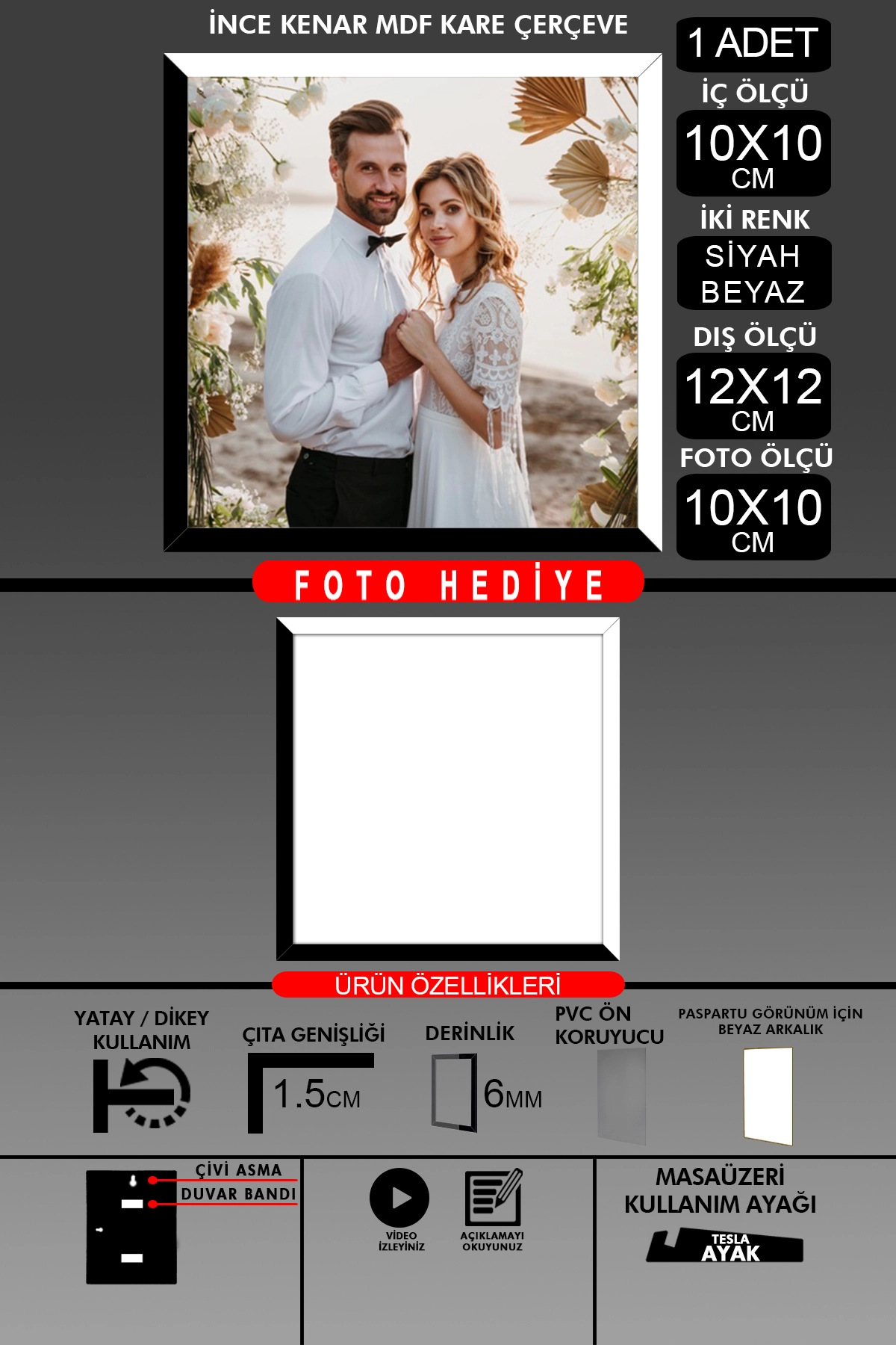 1 Adet 10X10 Çerçeve - İnce Çıtalı Çerçeve - Kare Çerçeve - Fotoğraf Çerçevesi