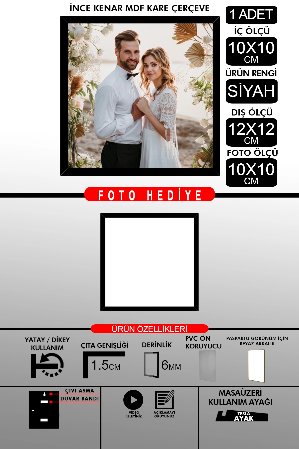 1 Adet 10X10 Çerçeve - İnce Çıtalı Çerçeve - Kare Çerçeve - Fotoğraf Çerçevesi