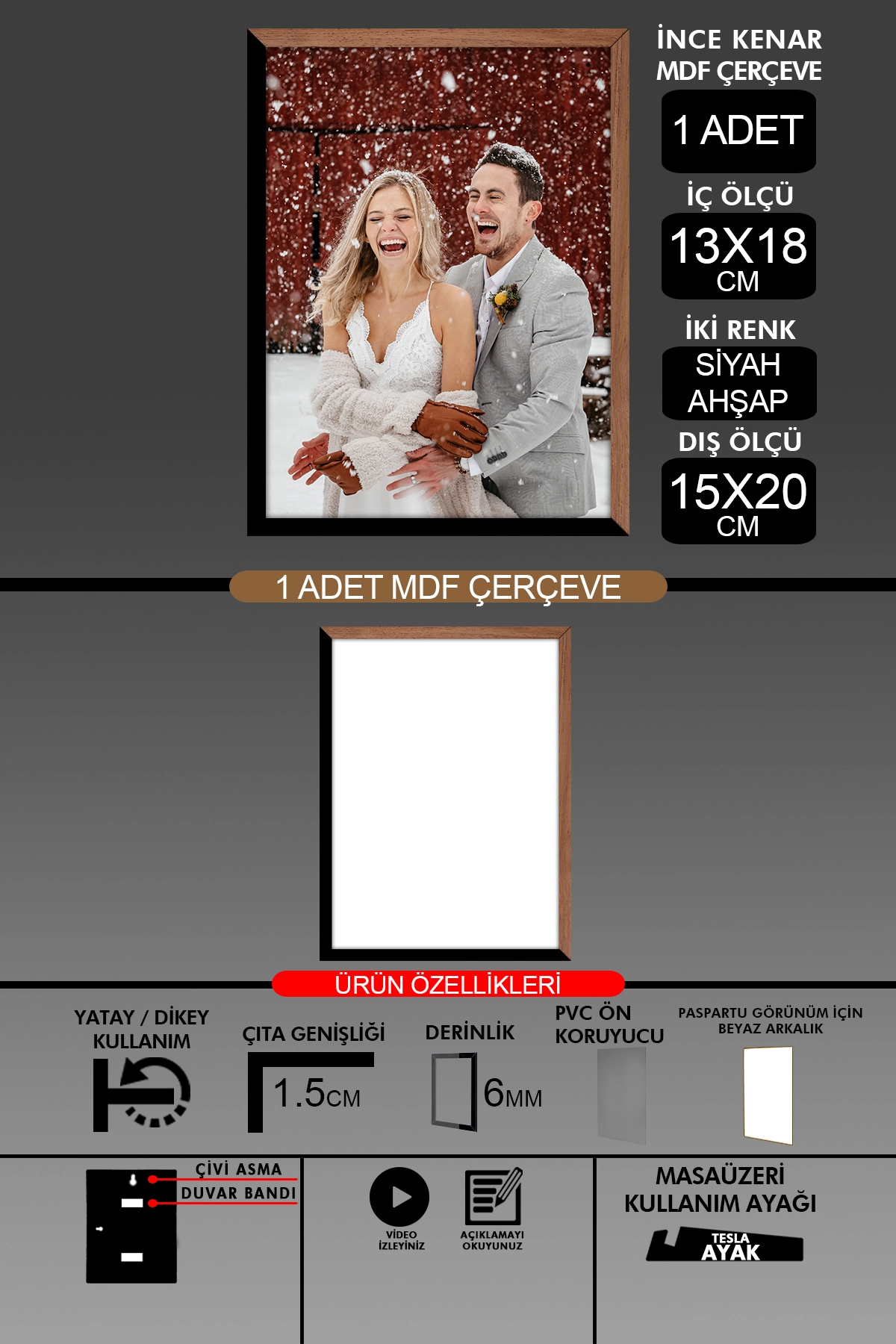 1 Adet 13x18 Çerçeve - İnce Çıtalı Çerçeve- 6mm Çerçeve Fotoğraf Çerçevesi