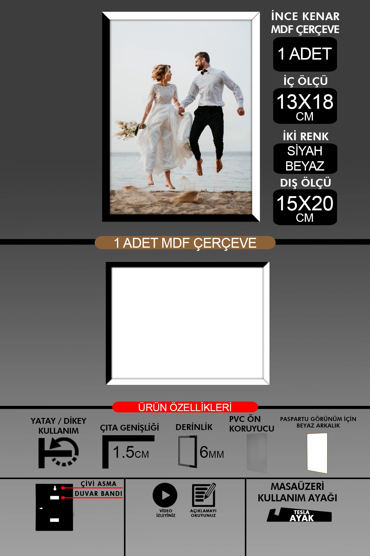 1 Adet 13x18 Çerçeve - İnce Çıtalı Çerçeve- 6mm Çerçeve Fotoğraf Çerçevesi