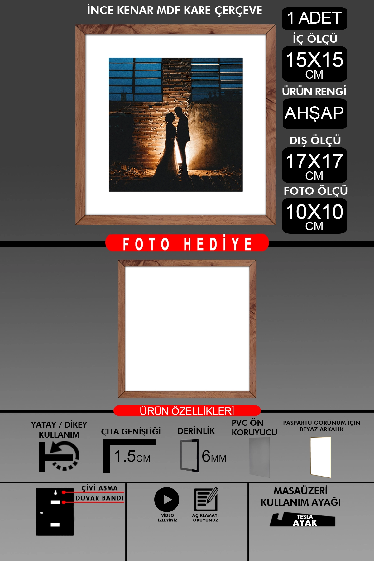 1Adet 15x15 Çerçeve - İnce Çıtalı Çerçeve -Kare Çerçeve - Fotoğraf Çerçevesi