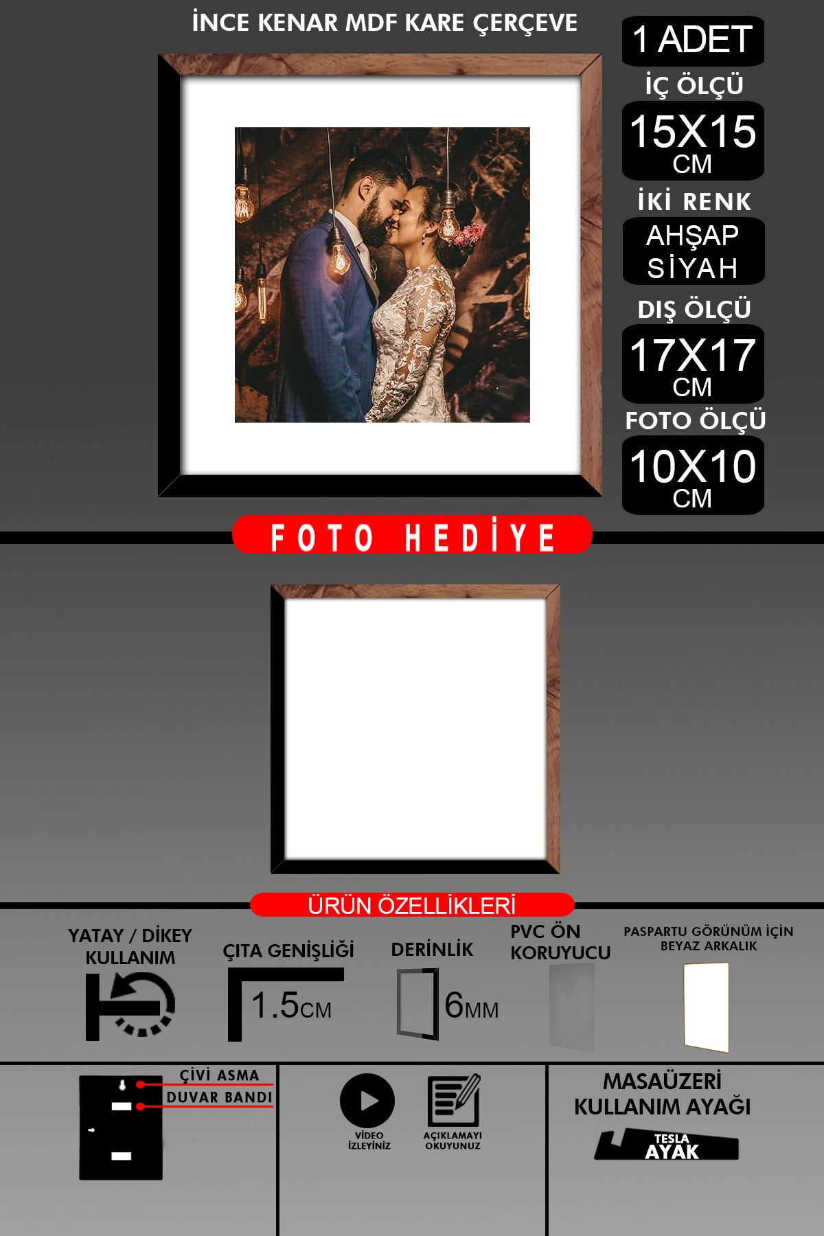 1Adet 15x15 Çerçeve - İnce Çıtalı Çerçeve -Kare Çerçeve - Fotoğraf Çerçevesi