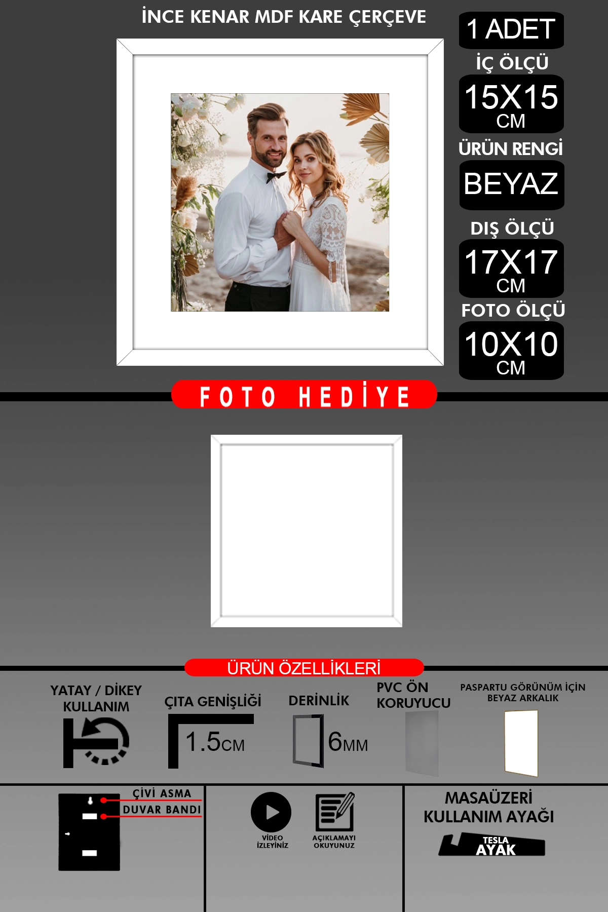 1Adet 15x15 Çerçeve - İnce Çıtalı Çerçeve -Kare Çerçeve - Fotoğraf Çerçevesi