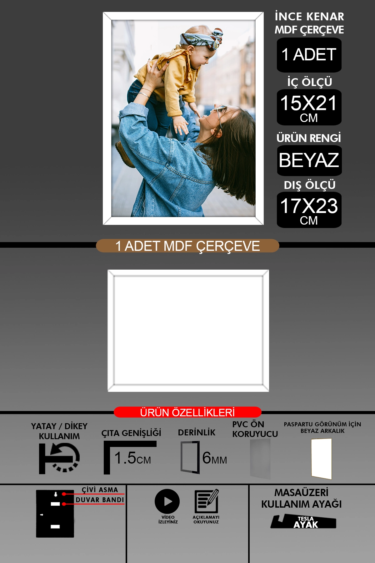1 Adet 15x21 Çerçeve - İnce Çıtalı A5 Çerçeve - 6mm - Fotoğraf Çerçevesi