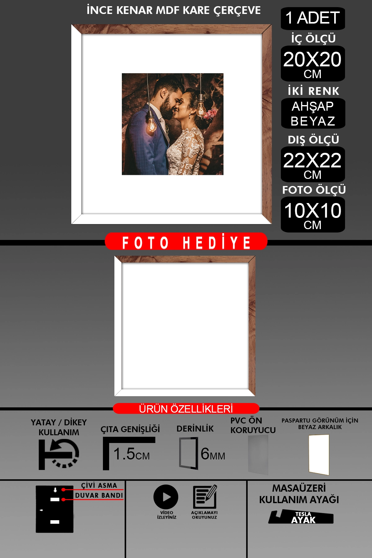 1 Adet 20x20 Çerçeve - İnce Çıtalı Çerçeve - Kare Çerçeve Fotoğraf Çerçevesi