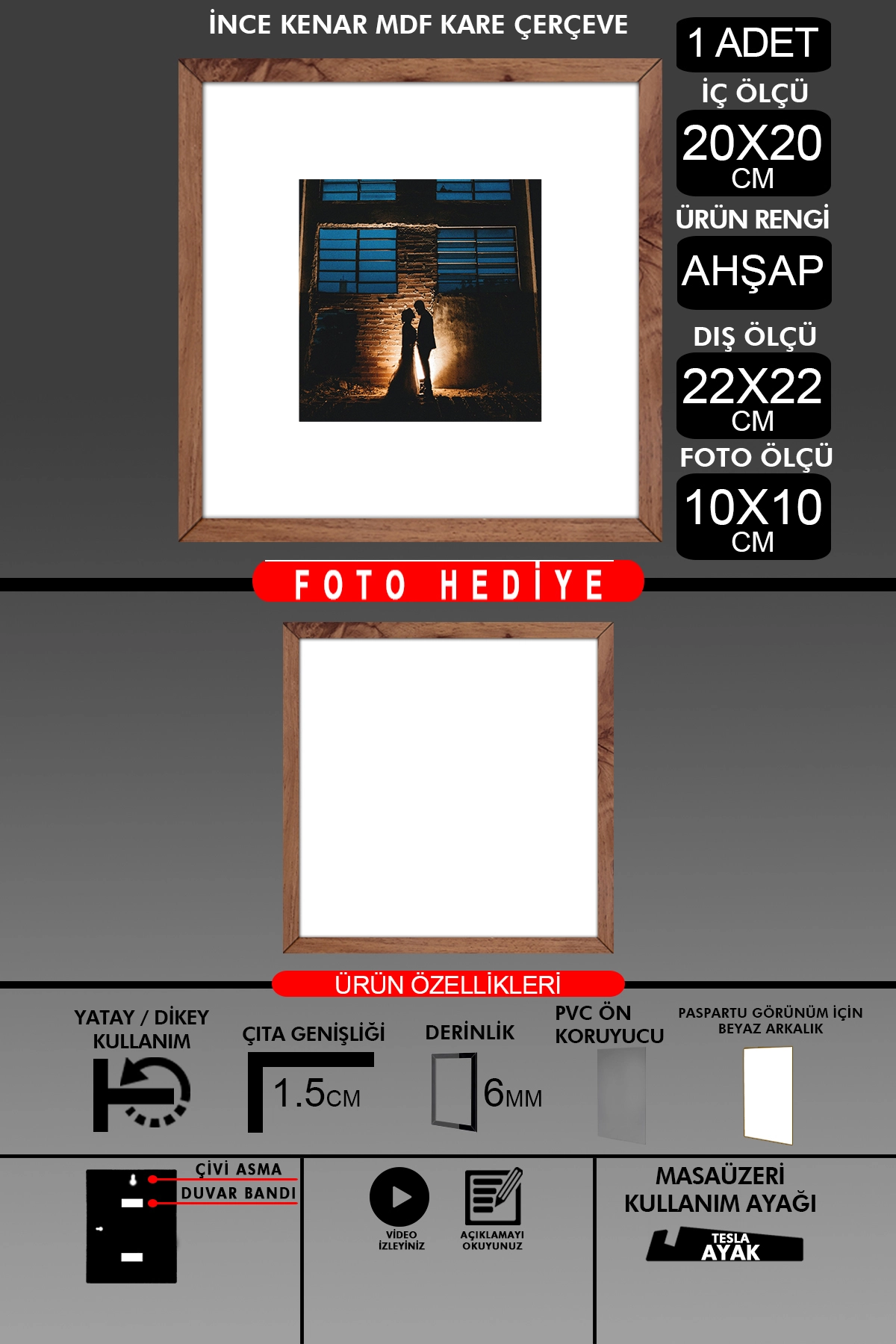 1 Adet 20x20 Çerçeve - İnce Çıtalı Çerçeve - Kare Çerçeve Fotoğraf Çerçevesi