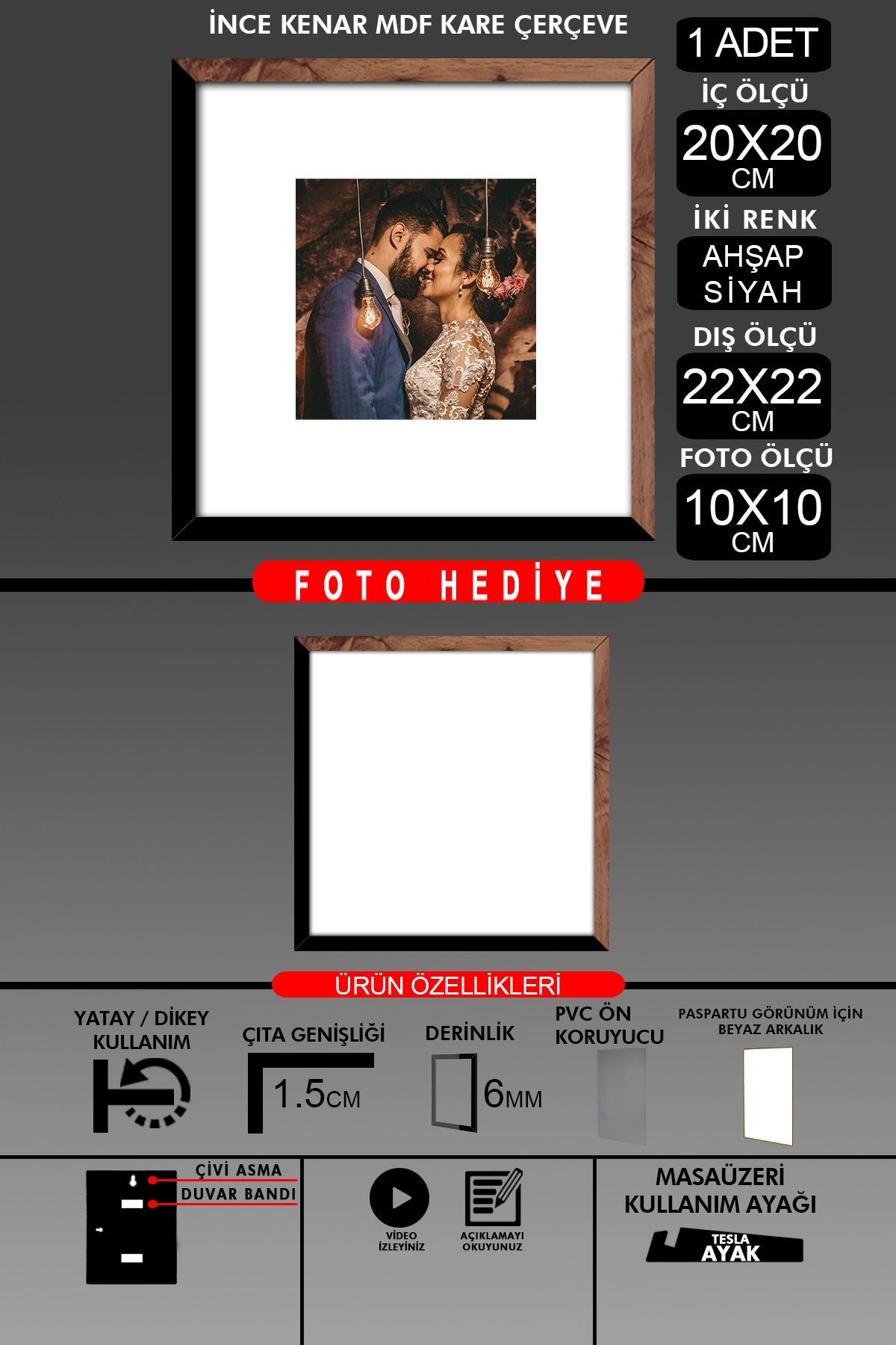 1 Adet 20x20 Çerçeve - İnce Çıtalı Çerçeve - Kare Çerçeve Fotoğraf Çerçevesi