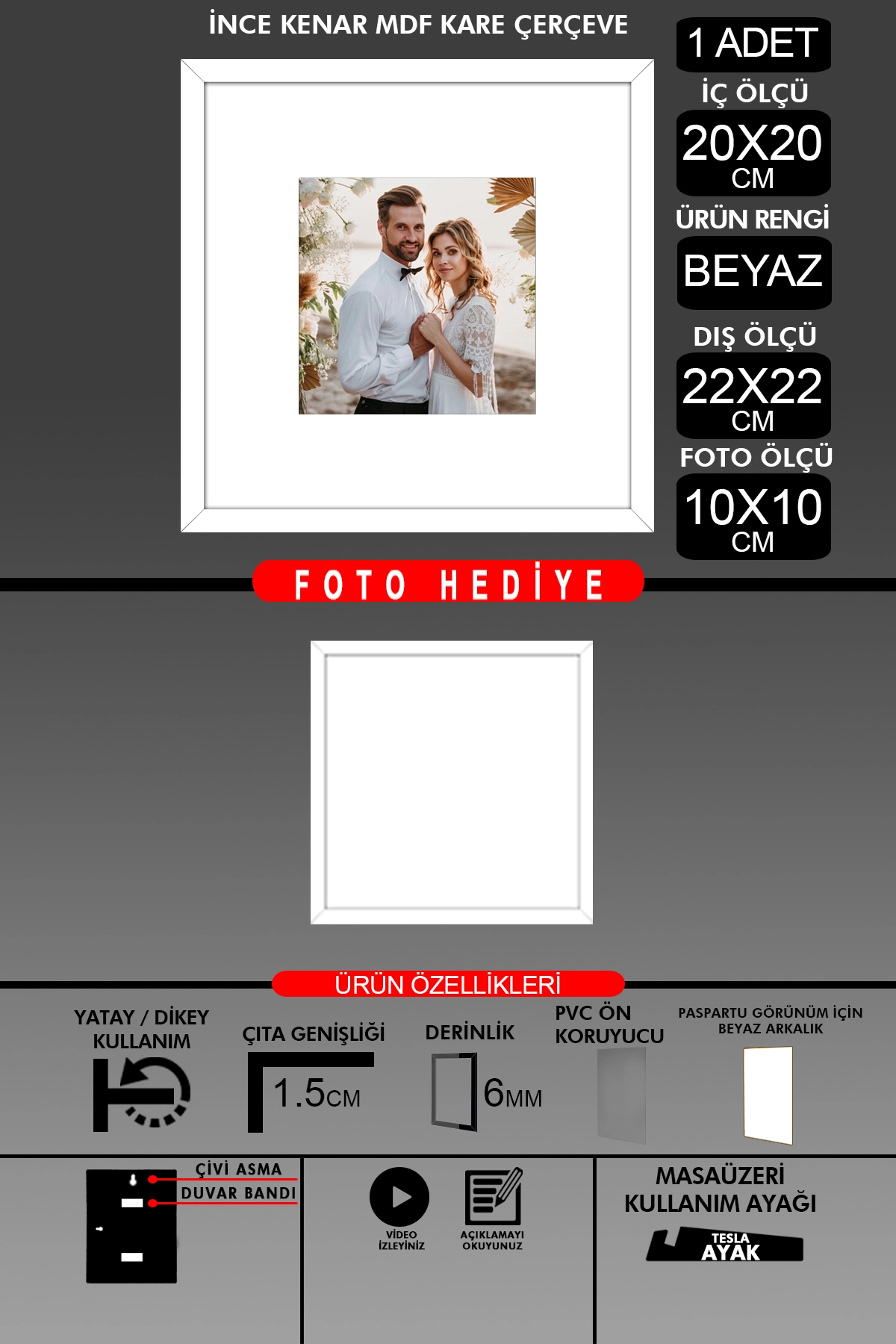 1 Adet 20x20 Çerçeve - İnce Çıtalı Çerçeve - Kare Çerçeve Fotoğraf Çerçevesi
