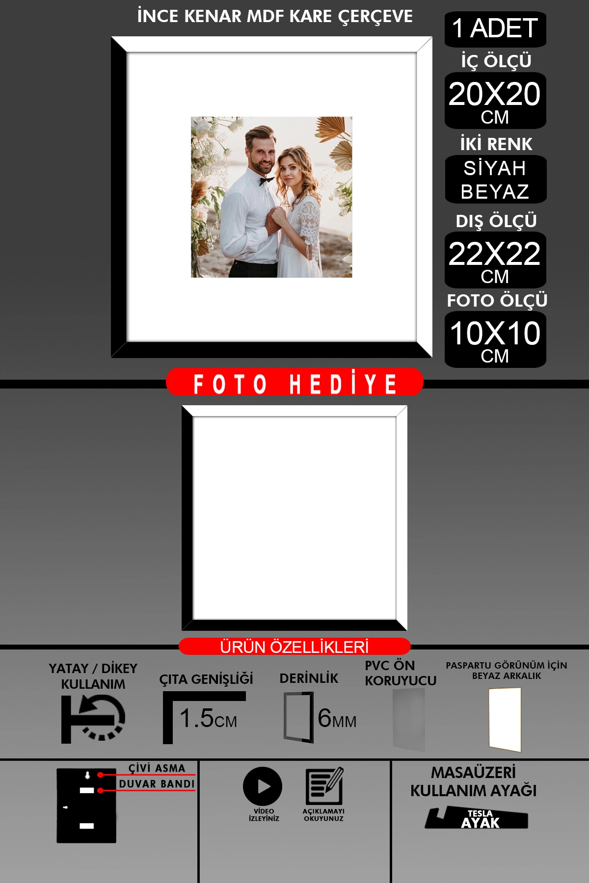 1 Adet 20x20 Çerçeve - İnce Çıtalı Çerçeve - Kare Çerçeve Fotoğraf Çerçevesi