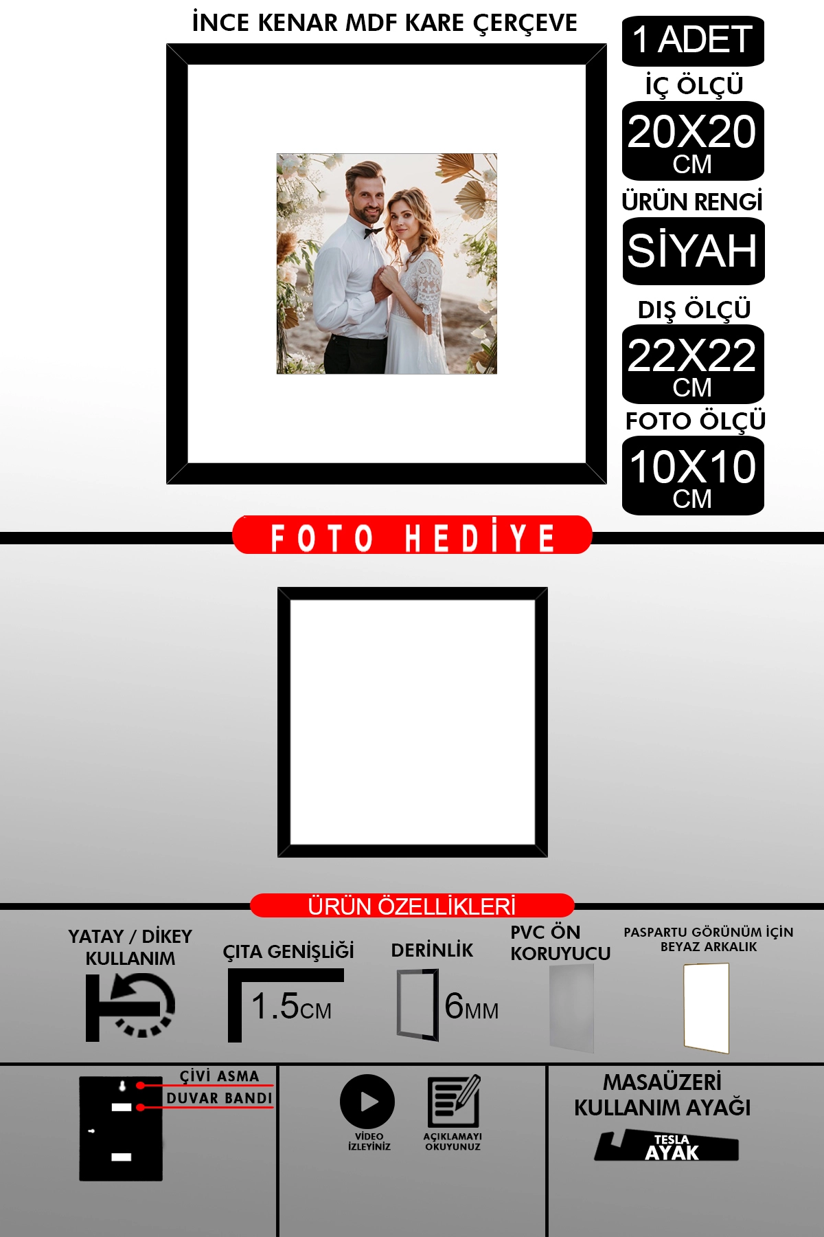 1 Adet 20x20 Çerçeve - İnce Çıtalı Çerçeve - Kare Çerçeve Fotoğraf Çerçevesi