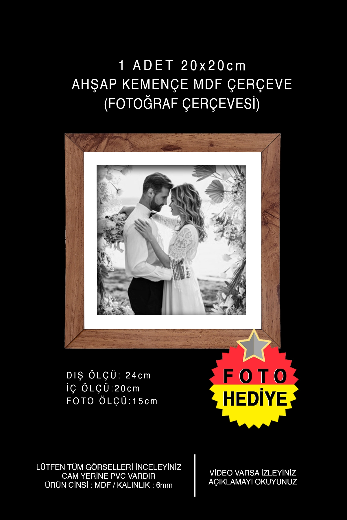 1 ADET 20x20 MDF ÇERÇEVE - KARE ÇERÇEVE Fotoğraf Çerçevesi