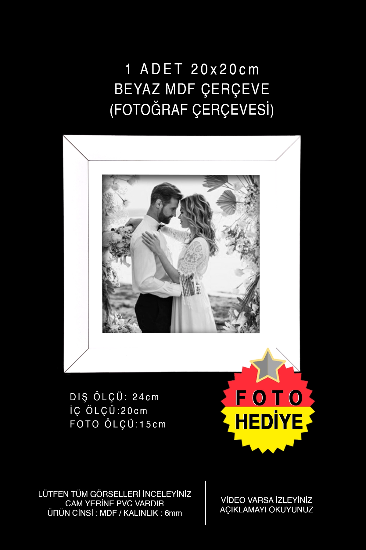1 ADET 20x20 MDF ÇERÇEVE - KARE ÇERÇEVE Fotoğraf Çerçevesi