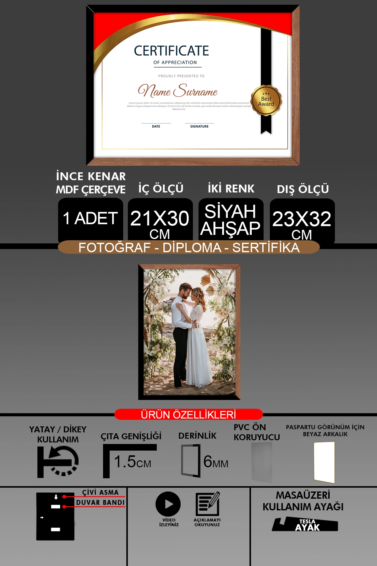 1 Adet 21x30 Çerçeve - İnce Çıtalı A4 Çerçeve - Fotoğraf Sertifika Çerçevesi