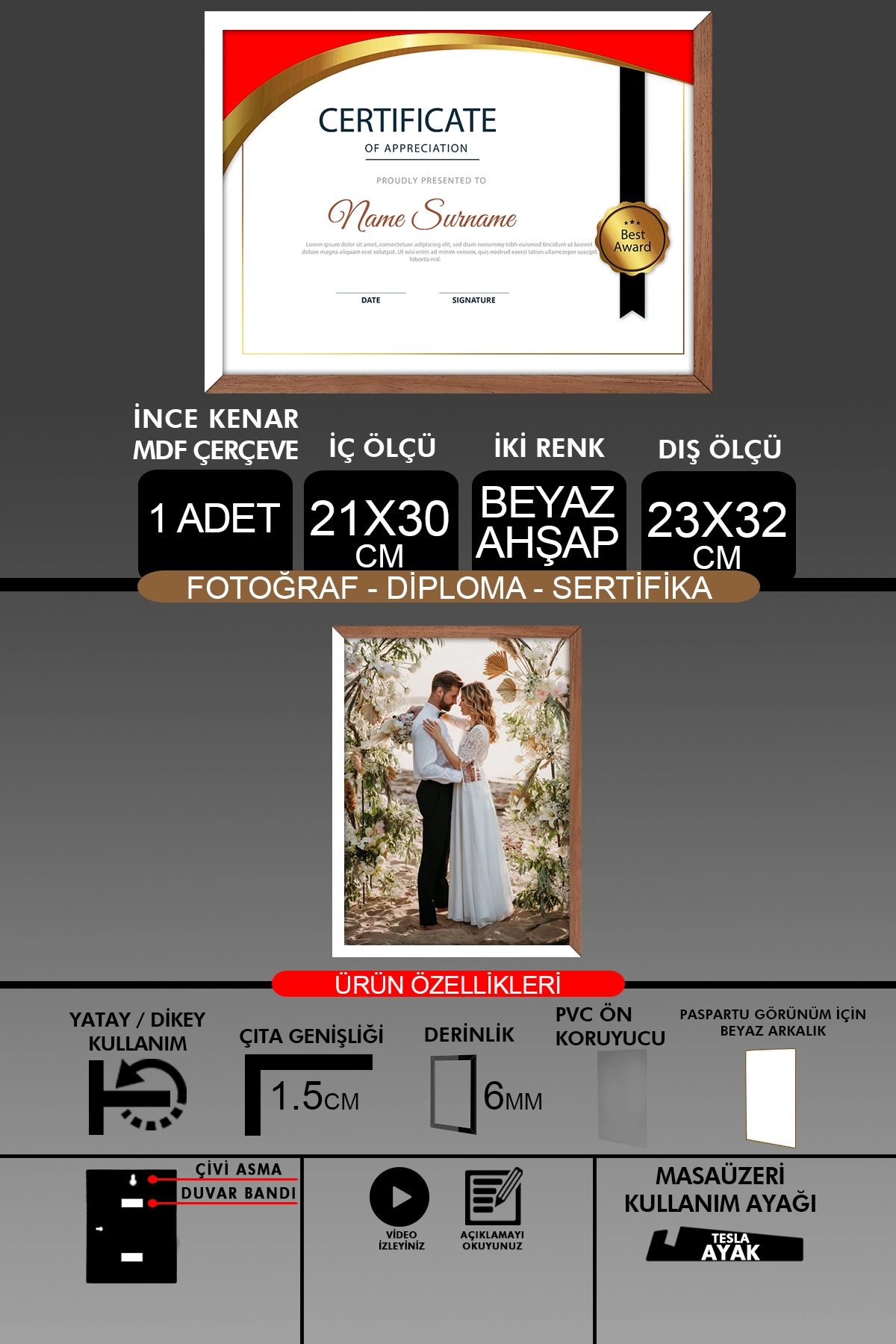 1 Adet 21x30 Çerçeve - İnce Çıtalı A4 Çerçeve - Fotoğraf Sertifika Çerçevesi
