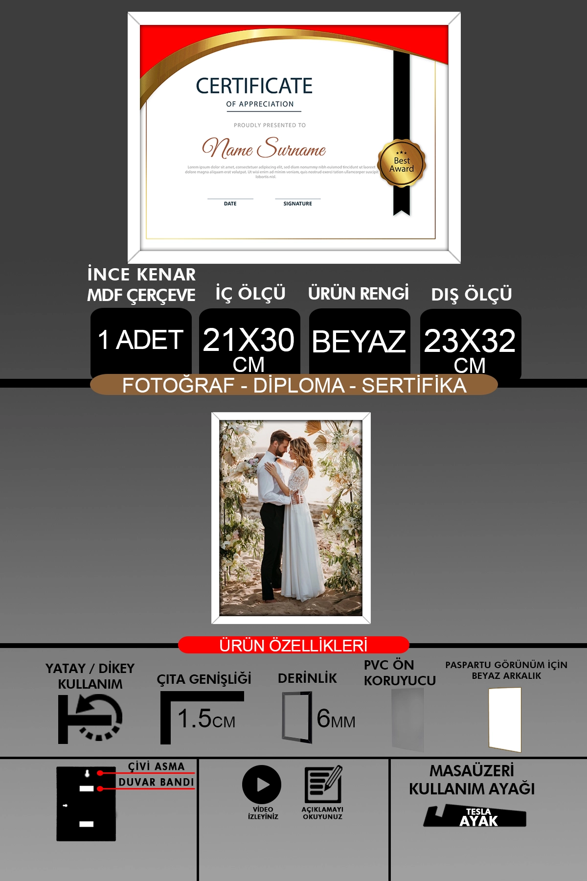 1 Adet 21x30 Çerçeve - İnce Çıtalı A4 Çerçeve - Fotoğraf Sertifika Çerçevesi