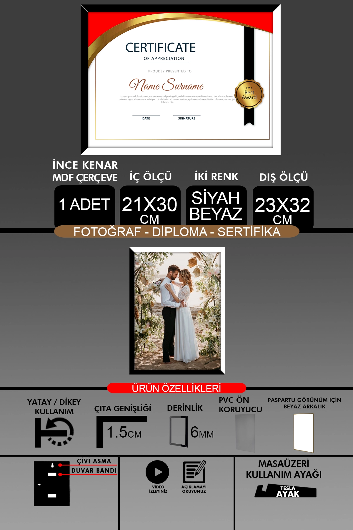 1 Adet 21x30 Çerçeve - İnce Çıtalı A4 Çerçeve - Fotoğraf Sertifika Çerçevesi