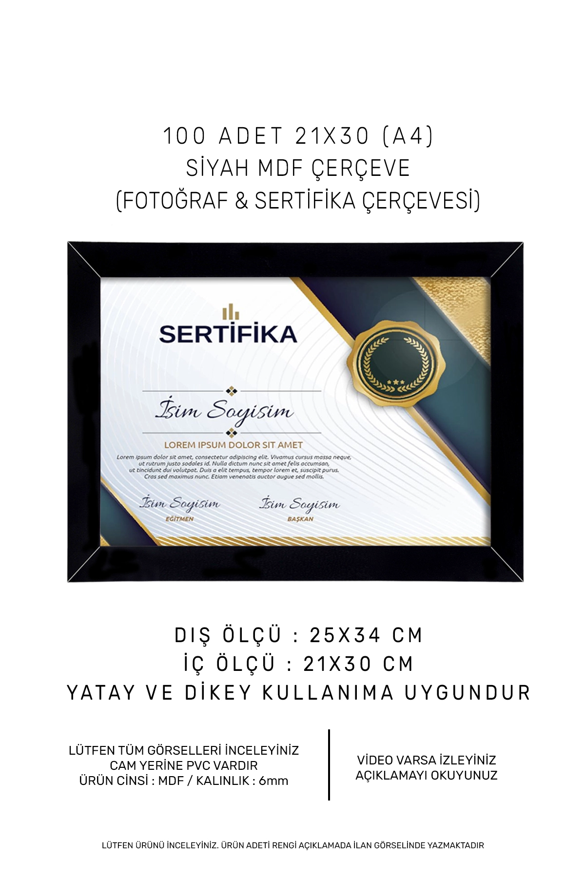 100 Adet 21x30 Çerçeve - A4 Çerçeve - Mdf Çerçeve - Siyah Çerçeve 