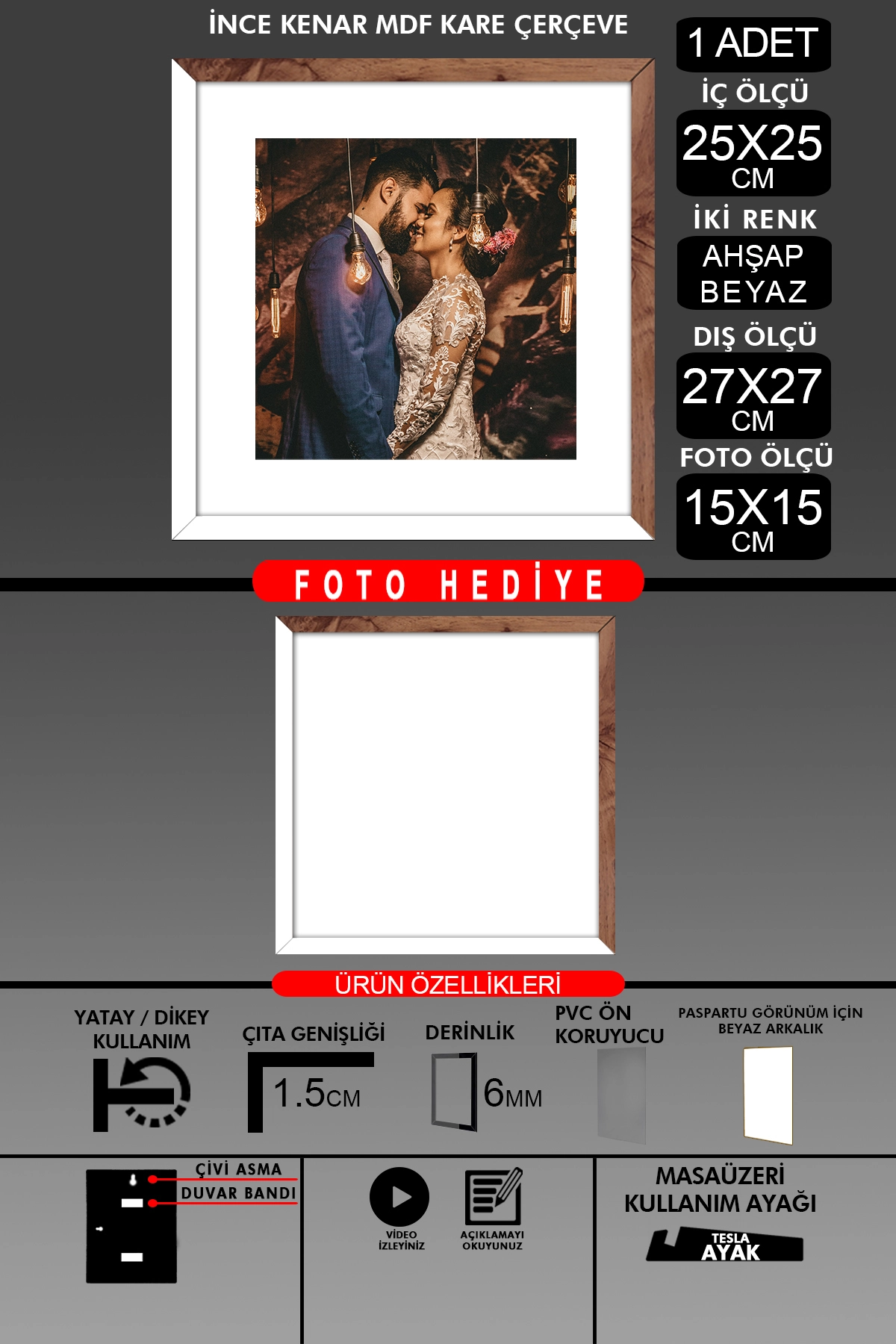 1 Adet 25x25 Çerçeve - İnce Çıtalı Çerçeve -Kare Çerçeve Fotoğraf Çerçevesi