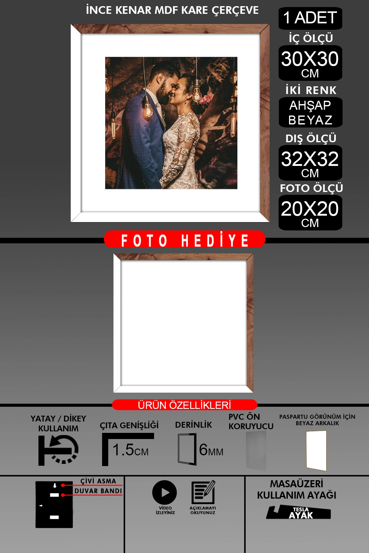 1 Adet 30x30 Çerçeve - İnce Çıtalı Çerçeve - Ahşap Çerçeve - Kare Çerçeve - Fotoğraf Çerçevesi