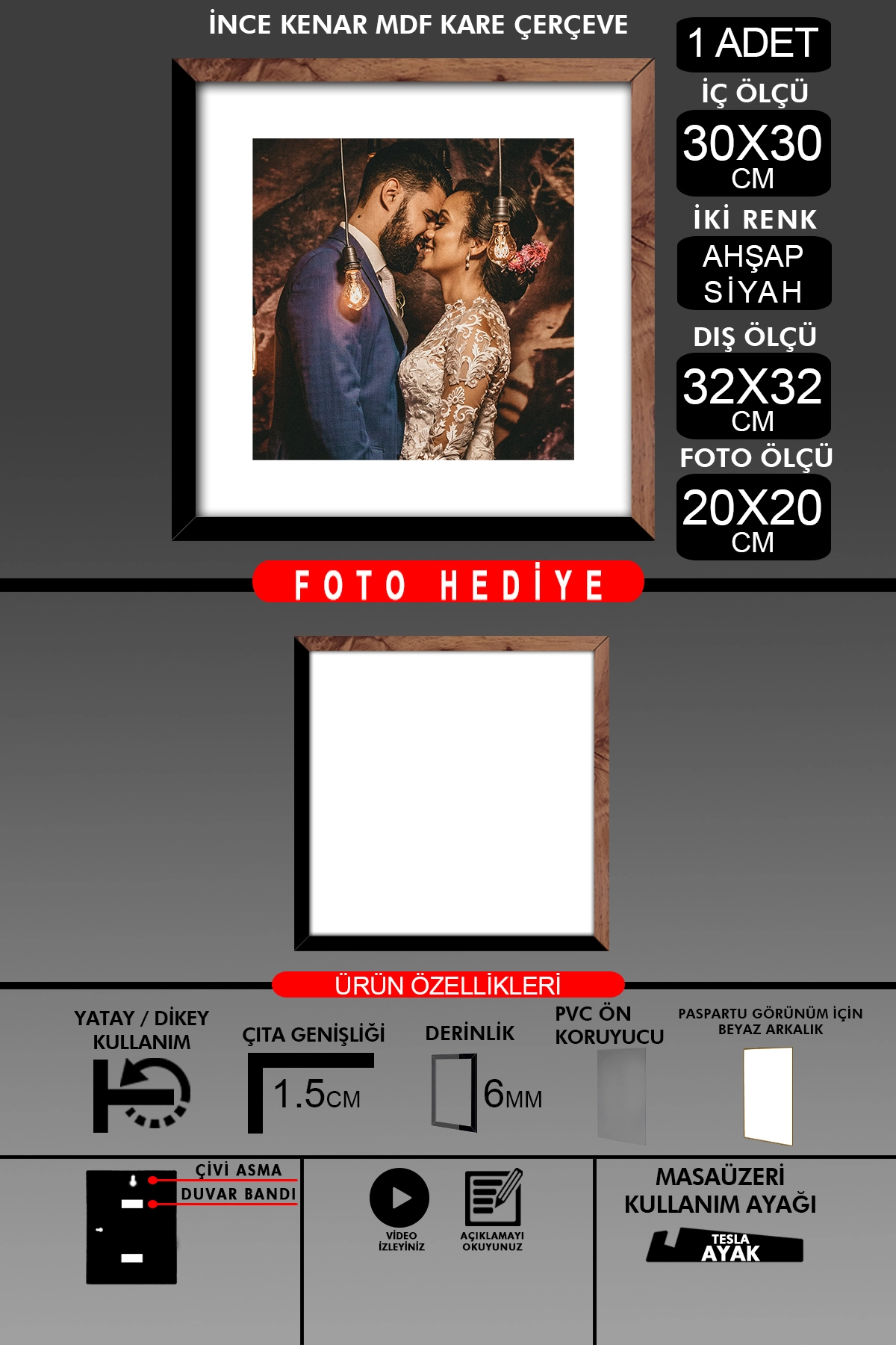 1 Adet 30x30 Çerçeve - İnce Çıtalı Çerçeve - Ahşap Çerçeve - Kare Çerçeve - Fotoğraf Çerçevesi