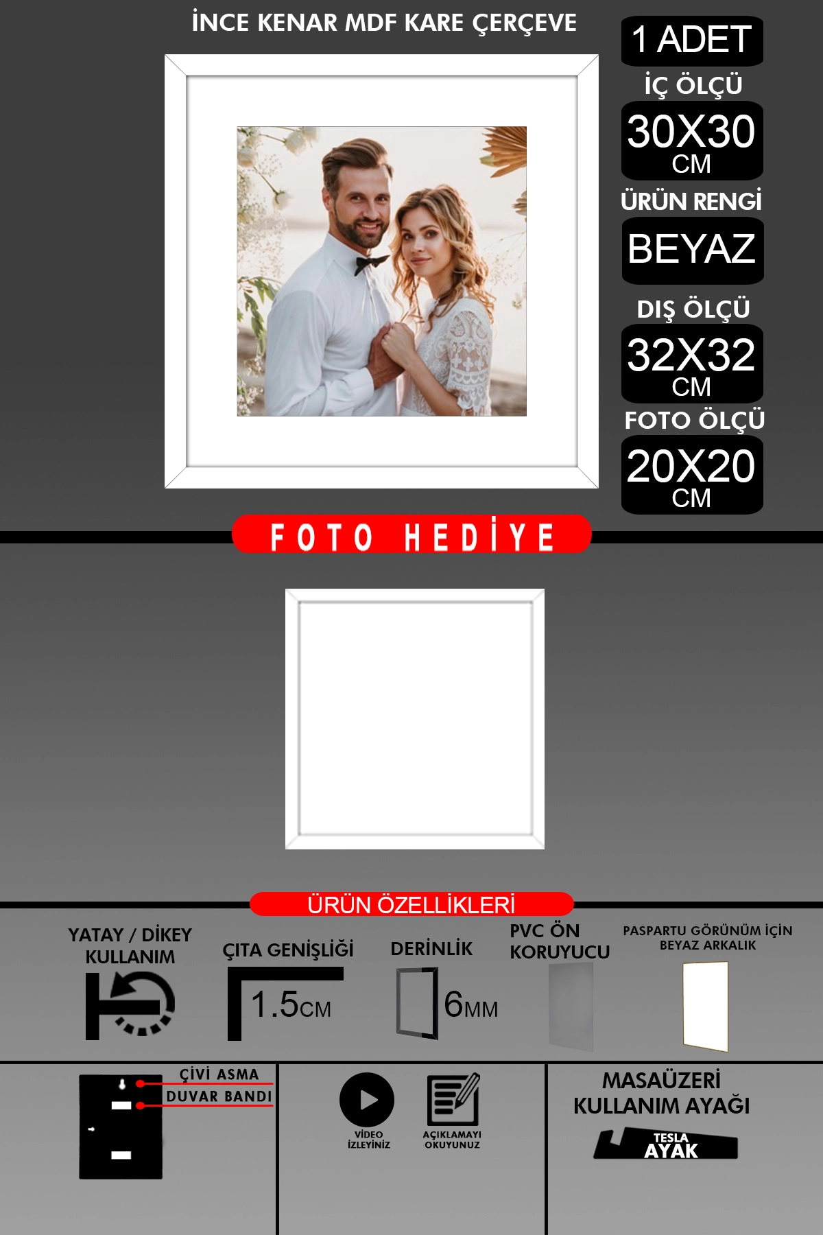 1 Adet 30x30 Çerçeve - İnce Çıtalı Çerçeve - Ahşap Çerçeve - Kare Çerçeve - Fotoğraf Çerçevesi