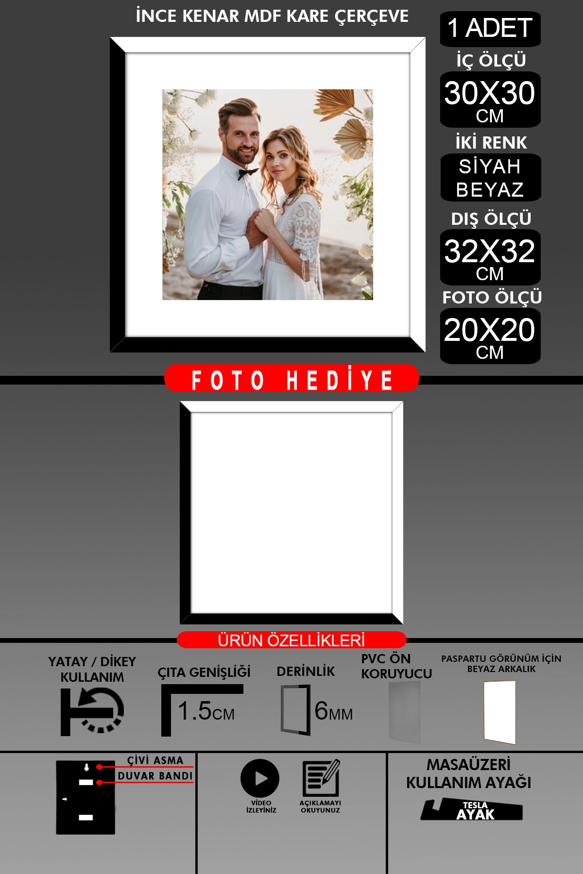 1 Adet 30x30 Çerçeve - İnce Çıtalı Çerçeve - Ahşap Çerçeve - Kare Çerçeve - Fotoğraf Çerçevesi