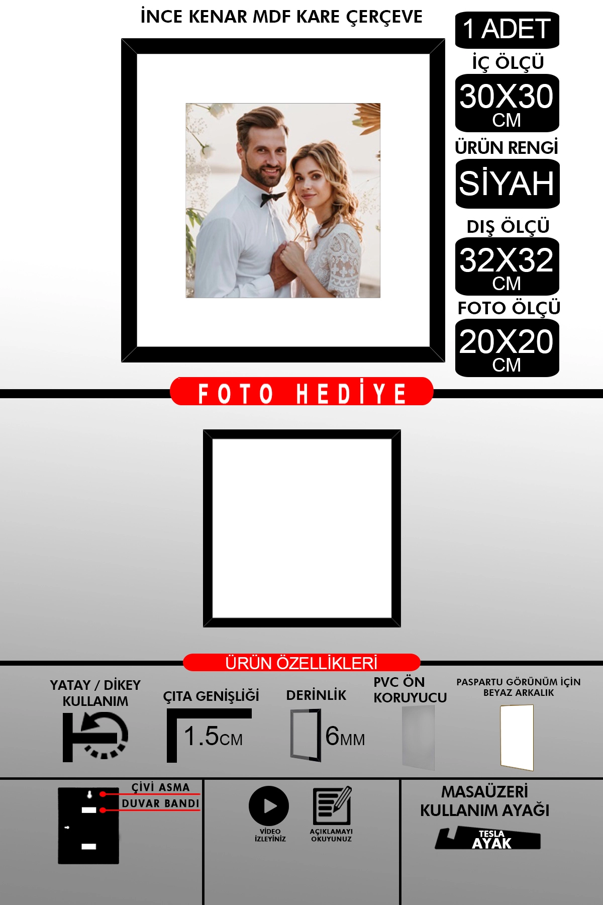 1 Adet 30x30 Çerçeve - İnce Çıtalı Çerçeve - Ahşap Çerçeve - Kare Çerçeve - Fotoğraf Çerçevesi