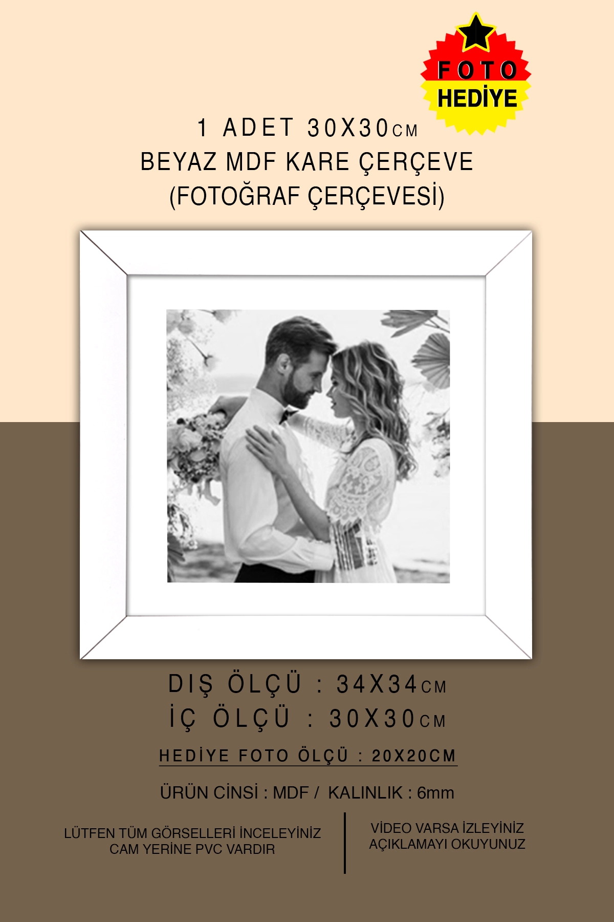 1 ADET 30x30 MDF ÇERÇEVE - KARE ÇERÇEVE Fotoğraf Çerçevesi