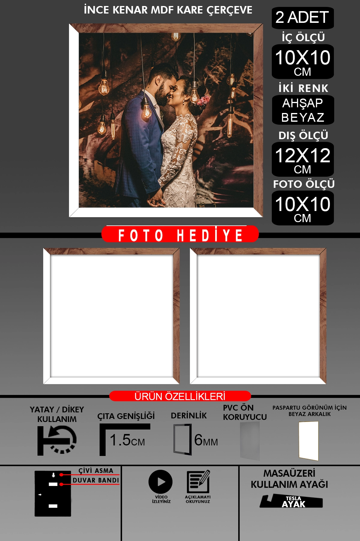 2 Adet 10X10 Çerçeve - İnce Çıtalı Çerçeve - Kare Çerçeve - Fotoğraf Çerçevesi