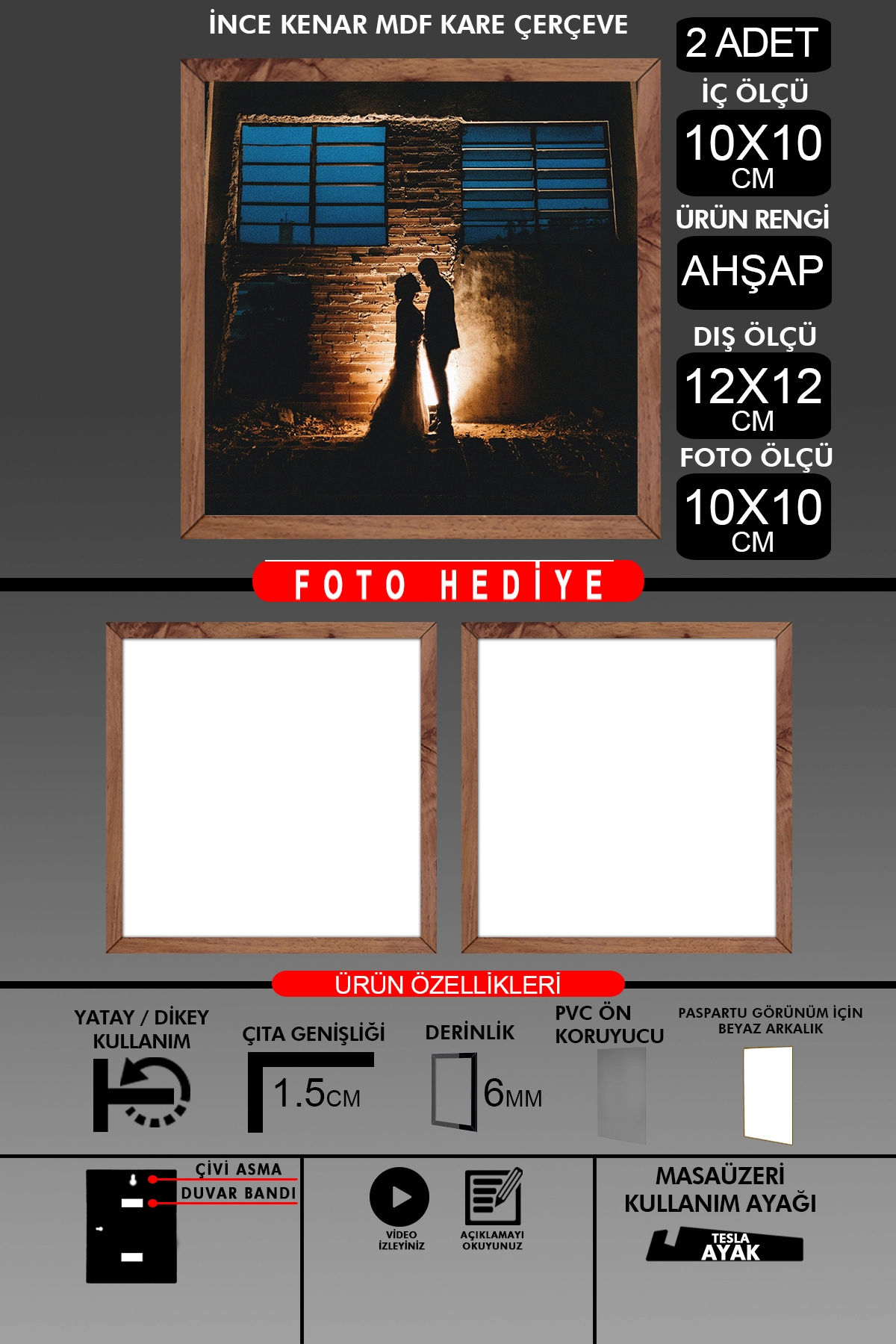 2 Adet 10X10 Çerçeve - İnce Çıtalı Çerçeve - Kare Çerçeve - Fotoğraf Çerçevesi