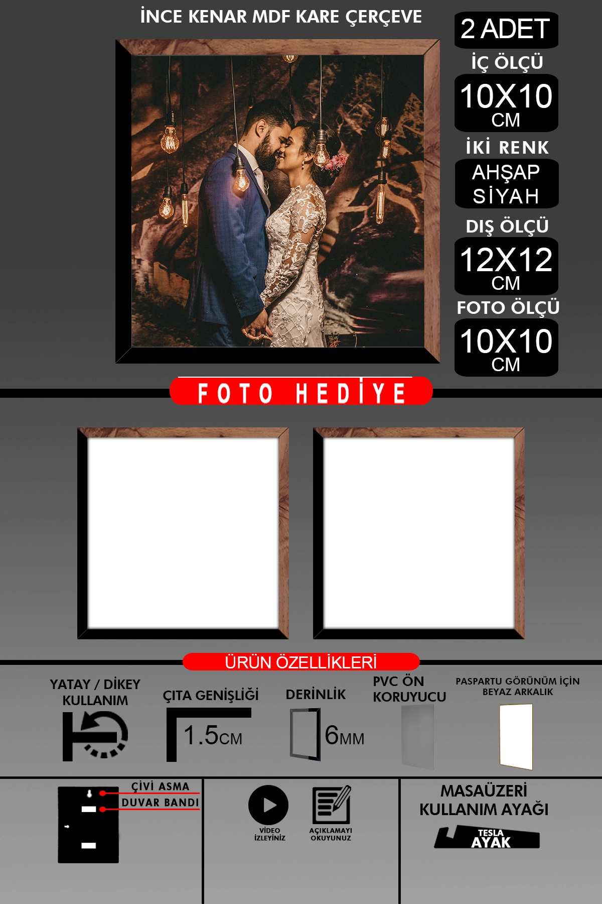2 Adet 10X10 Çerçeve - İnce Çıtalı Çerçeve - Kare Çerçeve - Fotoğraf Çerçevesi