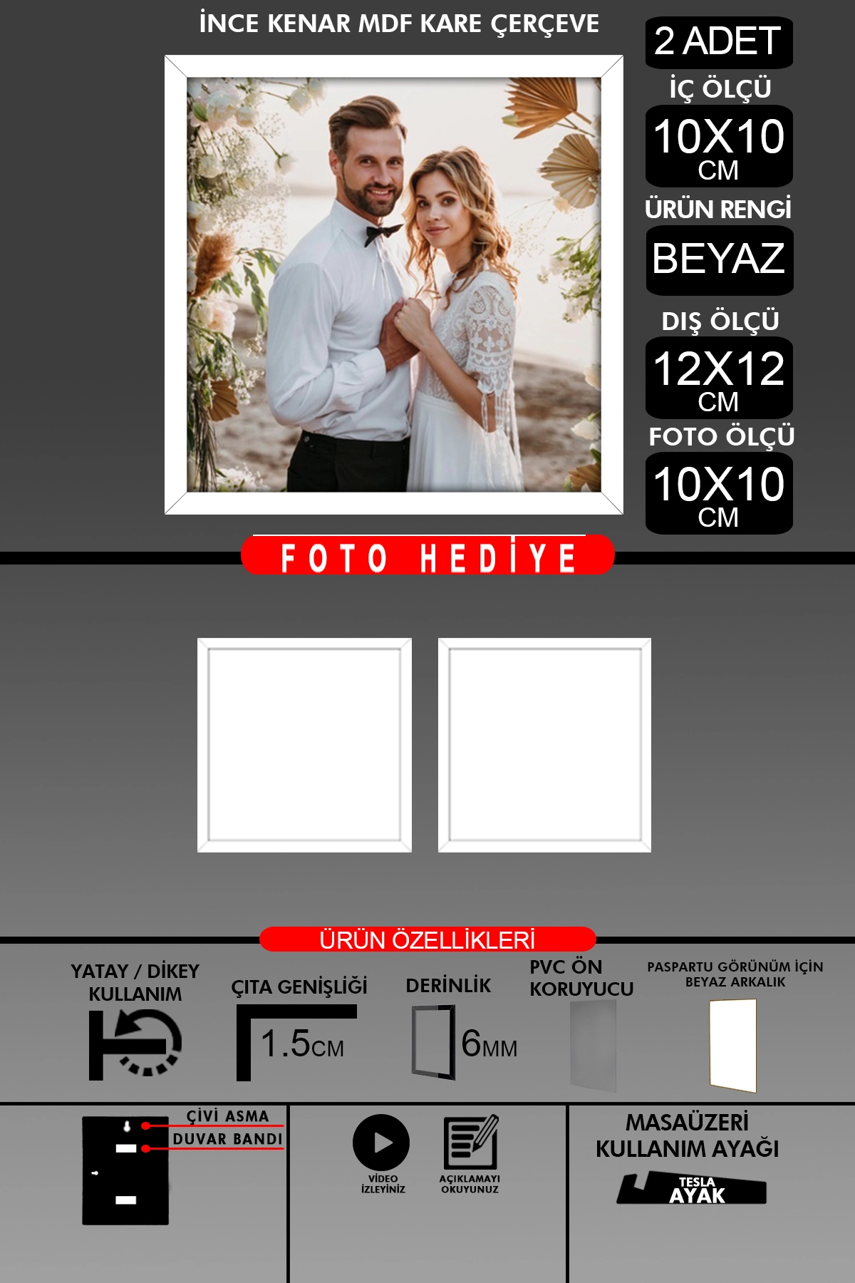 2 Adet 10X10 Çerçeve - İnce Çıtalı Çerçeve - Kare Çerçeve - Fotoğraf Çerçevesi