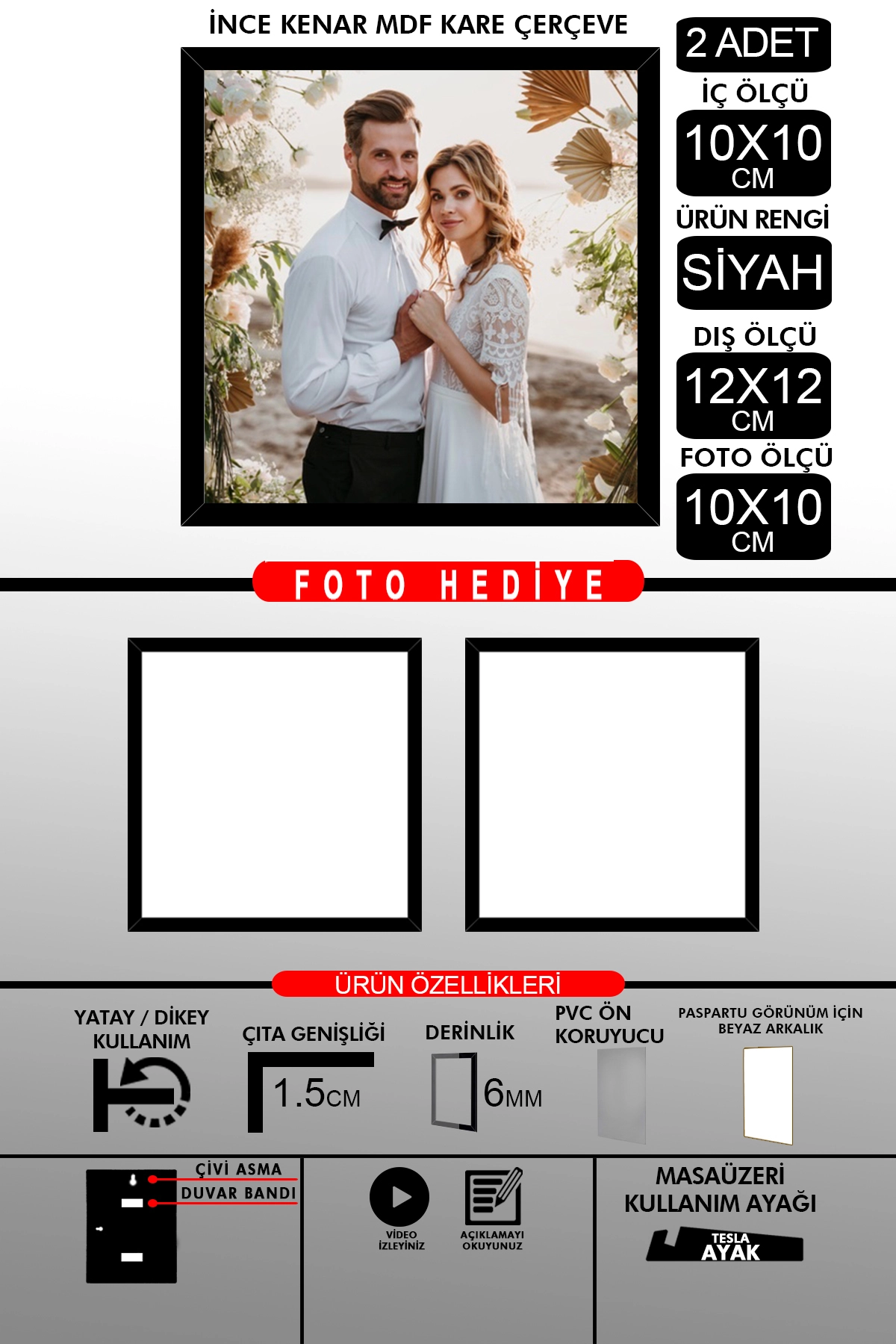 2 Adet 10X10 Çerçeve - İnce Çıtalı Çerçeve - Kare Çerçeve - Fotoğraf Çerçevesi