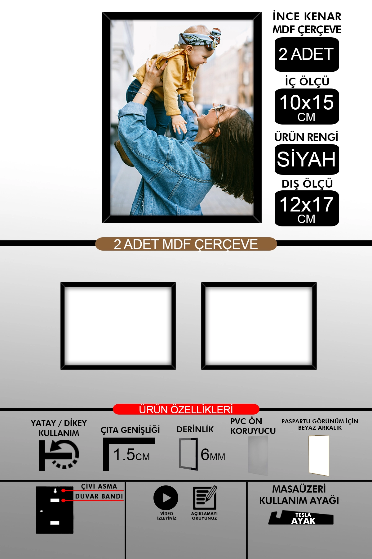 2 Adet 10x15 Çerçeve - İnce Çıtalı Çerçeve- 6mm Çerçeve Fotoğraf Çerçevesi